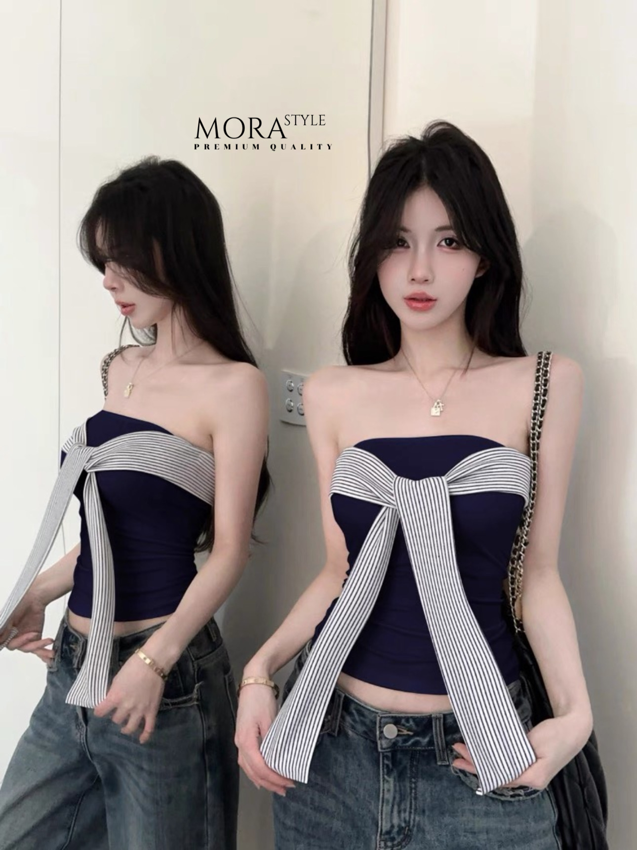 เซ็ต 2 ชิ้น เสื้อเกาะอกผูกด้านหน้างานสวยเก๋ผ้ายืดหยุ่นใส่สบาย มาพร้อมกับกางเกงเอวสูงทรงกระบอกใหญ่ #Mora #Morastyle #โมราสไตล์