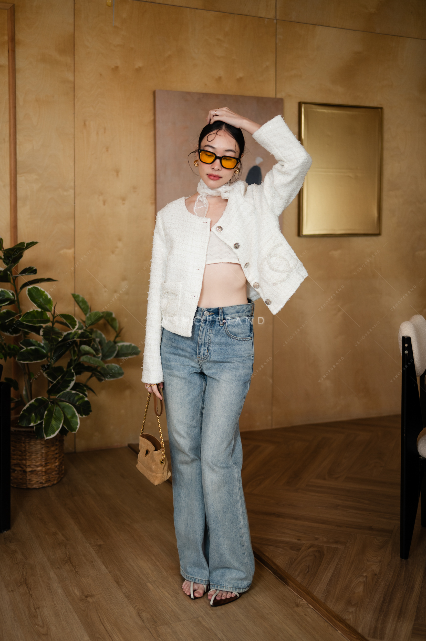 เสื้อคลุมผ้าทวิตกระดุมเพชร กระเป๋าหน้าปักไข่มุก