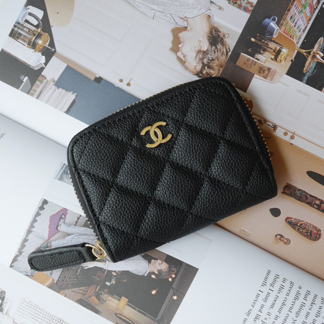 กระเป๋าสตางค์ใบสั้นซิปรอบเรียบรหรูดูแพงแบรนด์เนมชาแนลพรีเมี่ยมกิ๊ฟ Chanel Premium gift-หนังคาเวียร์สีดำอะไหล่ทอง