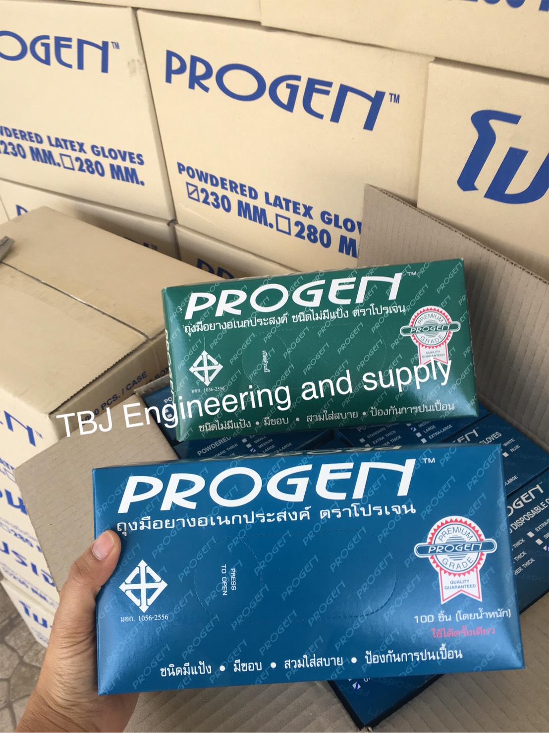 ถุงมือแพทย์ ถุงมือยาง แบบมีแป้ง Brand : Progen