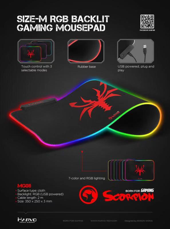 MARVO MG08 MARVO แผ่นรองเม้าท์เกมส์ Size : M 350x250cm หนา 3 mm ขอบเรืองแสง USB MG08 ize : M 350x250cm หนา 3 mm SKU-00871
