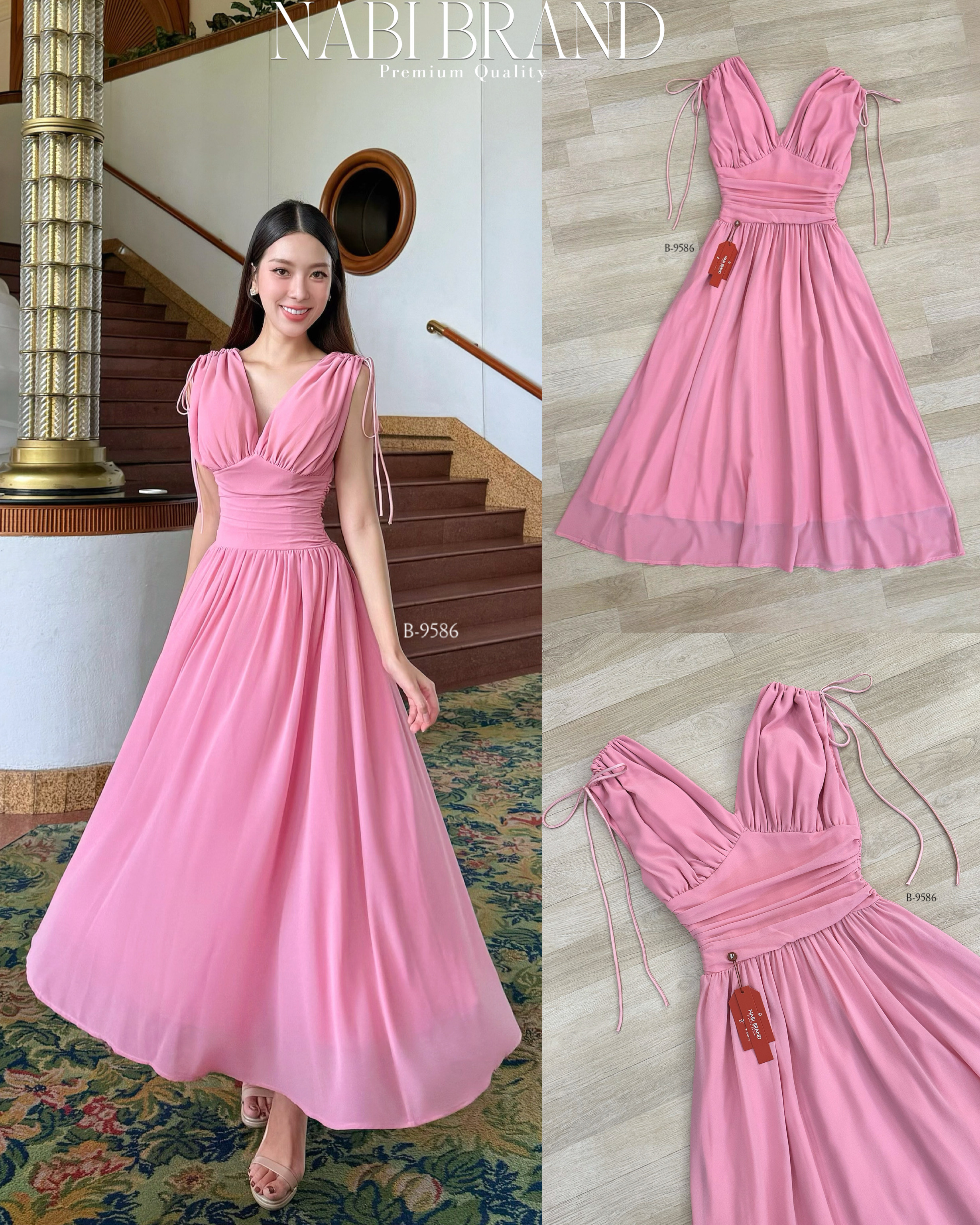 Label :: #NABIBRAND Code :: B-9586 Detail :: เดรสผ้าชีฟองแบบพริ้วๆระบายๆ สีชมพูลุคหวานแบบลัคชู แต่งผูกเชือกที่ไหล่ ทรงแขนกุด คอวี ชุดมีฟองน้ำและซับใน งานซิบหลัง ใส่ชิลๆไปทะเล หรือออกงาน ออกเดท ได้ เลยนะ สวยเกินใครเลยค่ะ สาวๆ 🩷 #งานป้ายนาบี #งานป้า