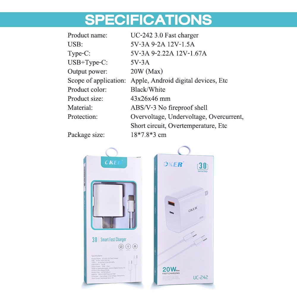 OKER U-242 SMART 20W FAST CHARGER+ USB3.0+PD+CABLE TYPE-C 1M. MB-IP-CH-UC242