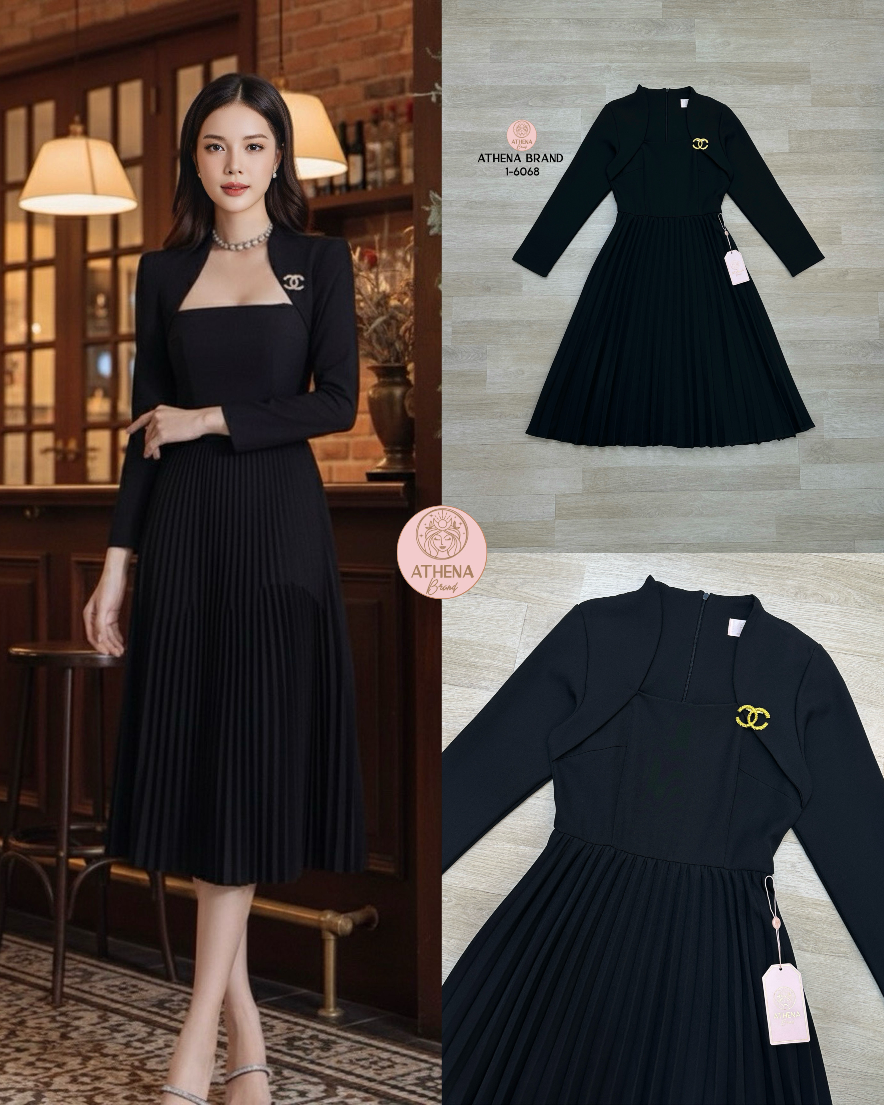 Tag 🔖 :Athena (อธีน่า) Brand Detail :: Dress+เข็มกลัด เดรสทรงสูทแขนยาวดีไซน์สวยเก๋ ตัวเดรสแต่งจีบอัดพลีท แมตช์มาคู่กับเข็มกลัดสีทองสวยหรูโดดเด่น งานมีซับใน สวมใส่แบบซิปด้านหลัง