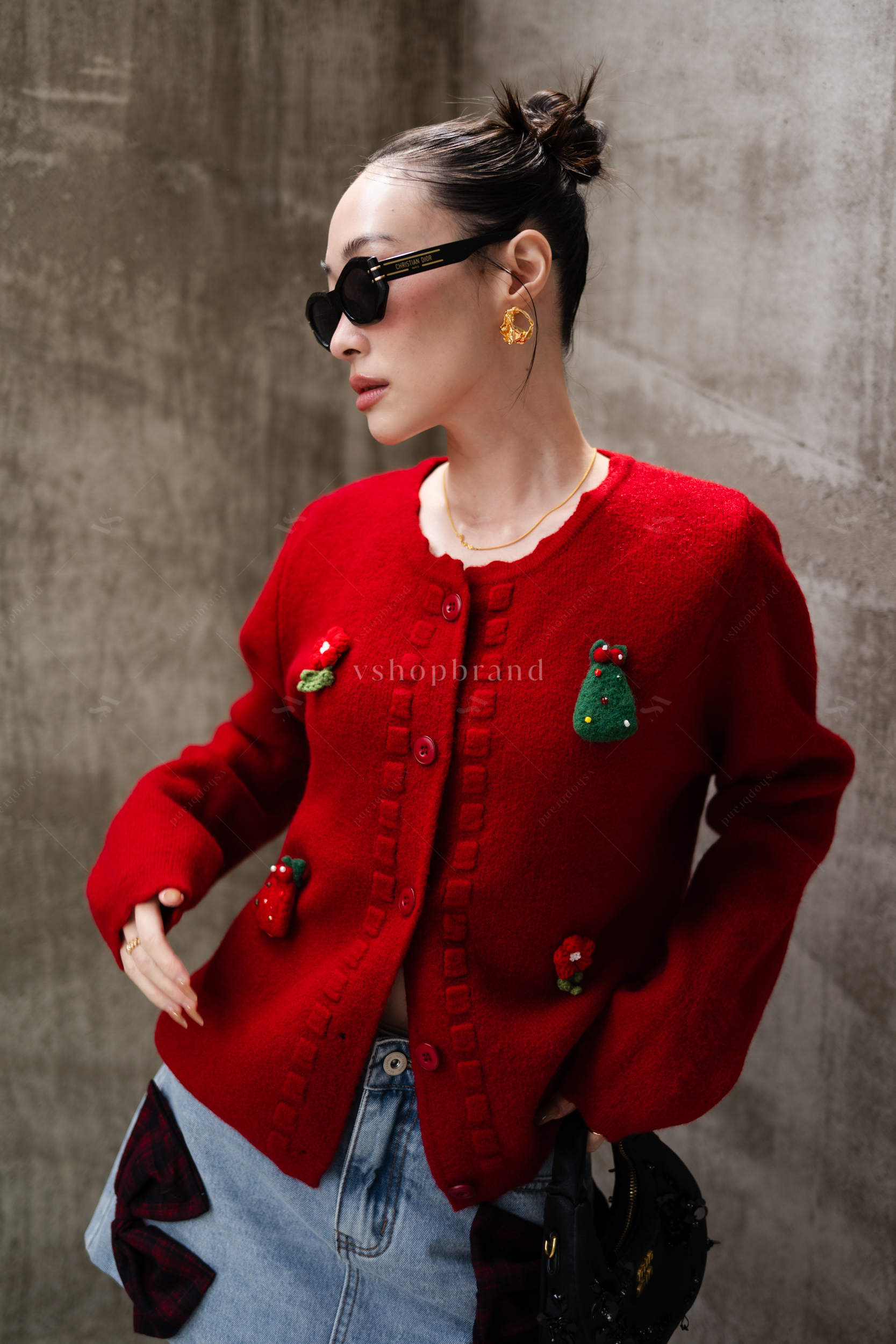 เสื้อไหมพรมแขนยาวขลิบขอบติดคริสมาสต์