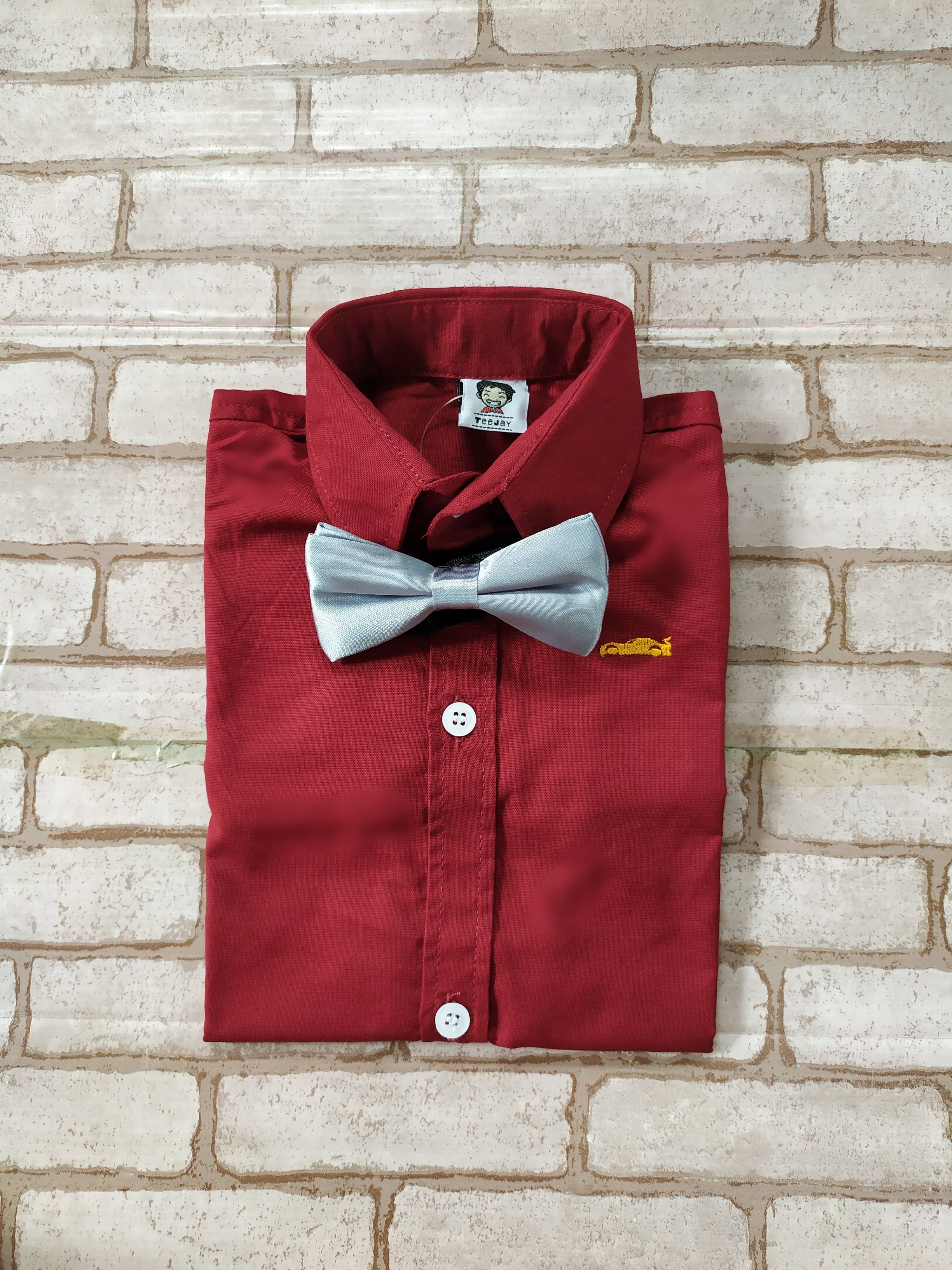 B+B36031 เสื้อเชิ้ตเด็ก แขนยาวสีแดงไวน์ พร้อมโบว์สีเทาอ่อน