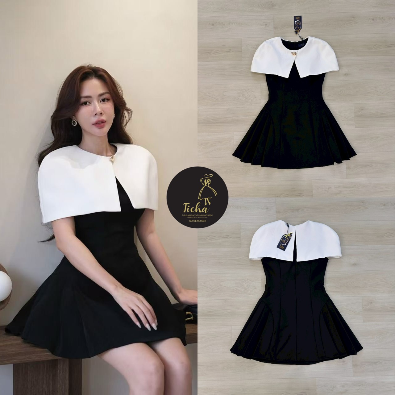 เดรสแขนกุดสีดำ แต่งดีเทลสไตย์เสื้อคลุมและติดอ่ะไหล่สีทองติดกะชุด ตีตะเข็บหน้าและหลัง อกเสริมฟองน้ำ ชายกระโปรงจับจีบบานออก ซิปหลังช่อน มีชับในตัว สวยหรู ดูแพง สุดๆ ห้ามพลาดนะคะ