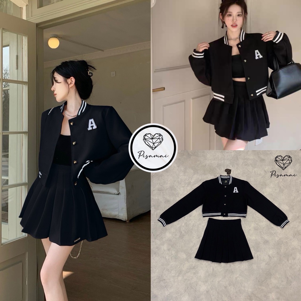 เซ็ตเสื้อแจ็กเก็ตแต่งขอบยางดำ ปักล่ยอักษร มาคู่กับกระโปรงพลีตสีขาวตัวสั้น ดีเท็ลรุ่นนี้ใส่สวย น่ารักมากๆค่าสาวๆ ห้ามพลาดเลยค่า