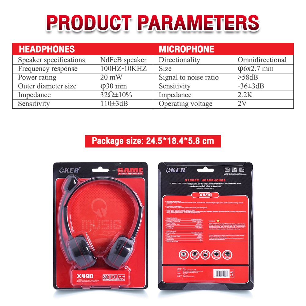 OKER X490 OKER HEADPHONE+MIC JACK3.5 HP-HM-OK-490BK