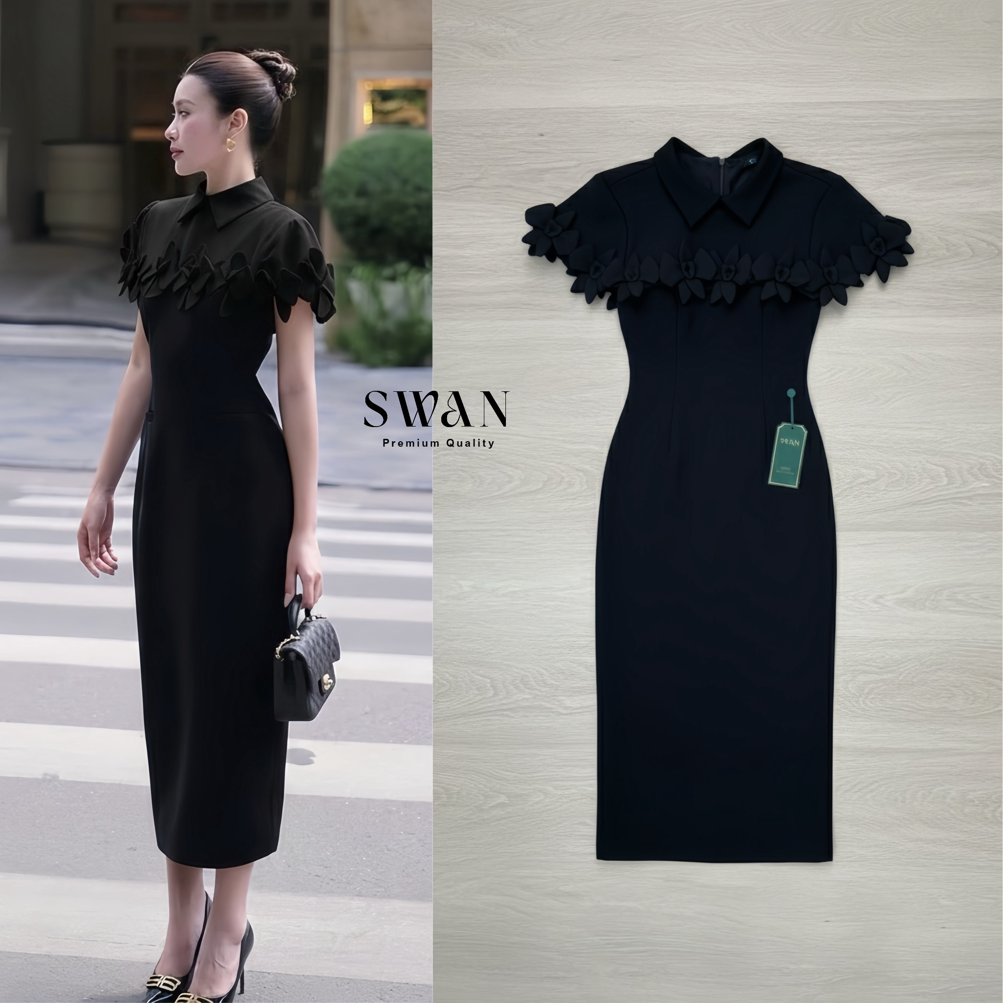 Set 2 ชิ้นสุดหรู เสื้อคลุม+เดรส เสื้อคลุมสีดำดีเทลกลีบดอกไม้เรียงซ้อน เพิ่มมิติและความหวานอย่างมีระดับ แมตช์กับเดรสดำเข้ารูปทรงเรียบหรู เผยลุคผู้หญิงมีคลาส ดูแพงและสง่างามทุกองศา