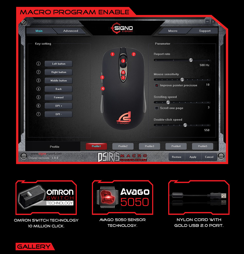 SIGNO GM-950BLK สีดำ DSIRIS SIGNO MACRO GAMING 3200DPI GM-950 MO-SI-OU-G950B