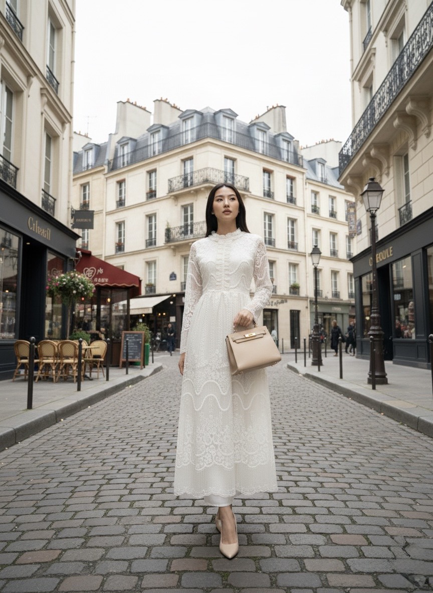 เดรสยาวแขนยาวปักลาย มีสีครีมและสีดำ