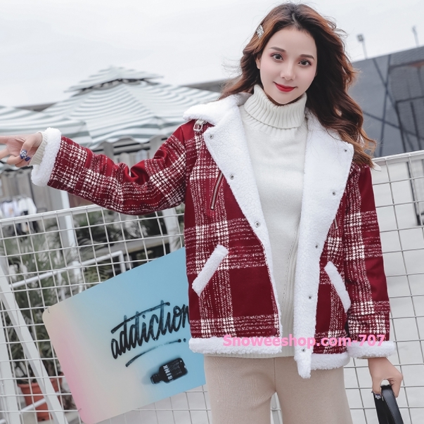 แจ็คเก็ตกันหนาวลายสก็อต ทรงคอตั้งสูงติดเข็มขัด แนวโอเวอไซส์ บุในขนแกะ