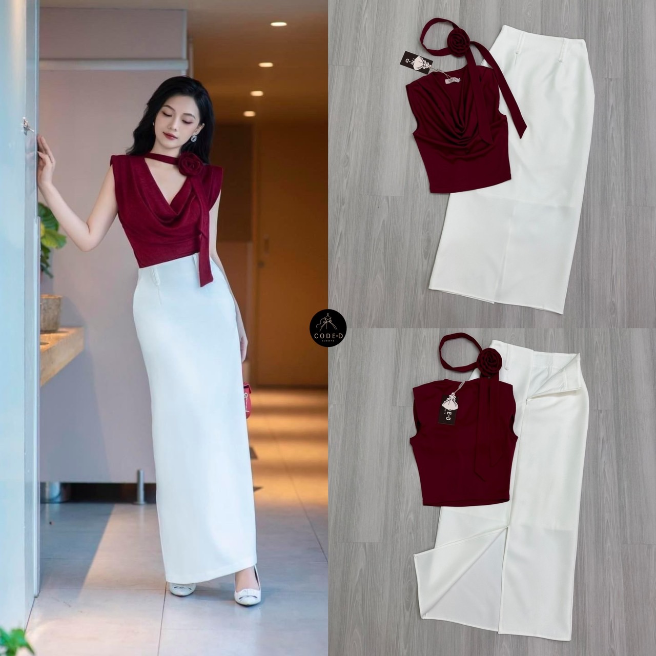 Set 2 ชิ้น เสื้อยืดสีแดงแขนกุดคอวีแต่งย่น( ไม่เสริมฟองน้ำไม่มีซิป) มีผ้าพันคอและเข็มกลัดดอกไม้3D เพิ่มความเก๋ให้กับชุด และมาคู่กับกระโปรงยาวทรงสอบสีขาว ดีเทลผ่าหลัง ดีไซน์สวย (มีซิปด้านหลัง ) เย็บซับในอย่างดี บอกเลยว่าชุดนี้คือเป๊ะมาก เข้ารูปสวย สวยมากๆค่