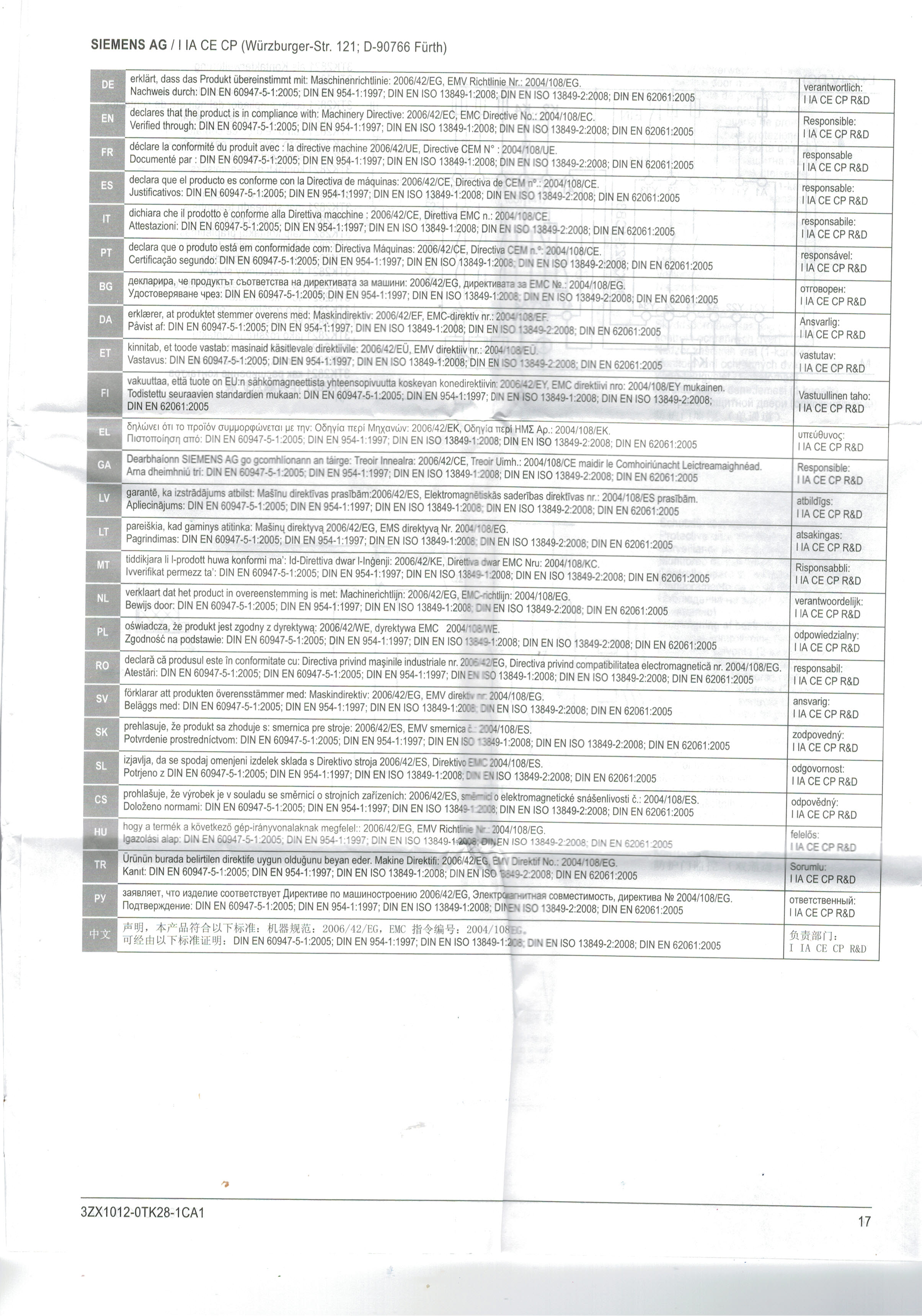 SIEMENS : 3TK2821-1CB30 SIRIUS safety relay with relay enabling circuits (EC) 24 V AC/DC, 22.5 mm Screw terminal EC instantaneous: 3 NO EC delayed: 0 NO SC: 1NC Autostart/manual start Basic device Maximum achieved SIL: 1, PL: c as expansion unit up to max