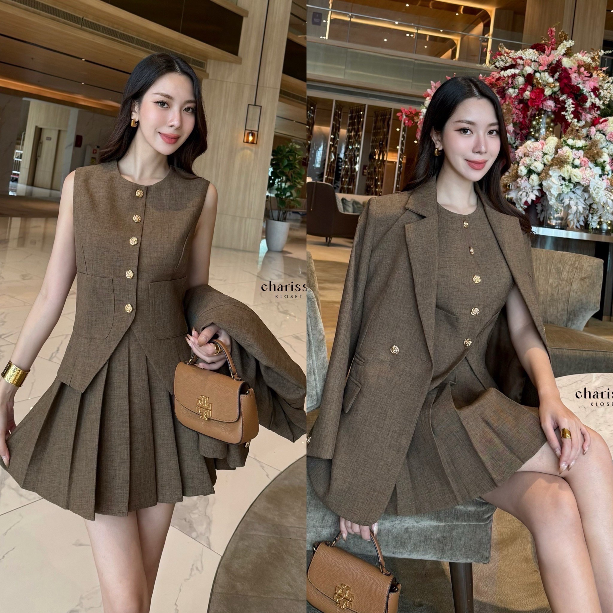 Set 3 ชิ้น : เสื้อแขนกุด+กระโปรง+เสื้อสูท(Blazer)