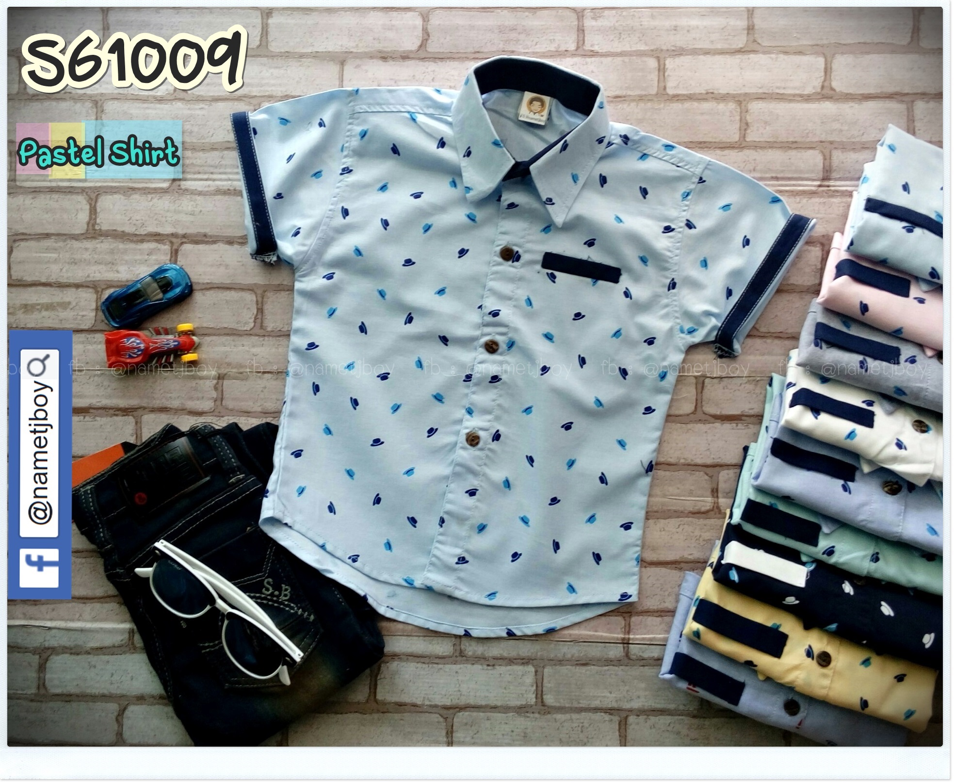 เสื้อเชิ้ตเด็ก แขนสั้น ลายหมวก Pastel สีฟ้า ไซส์ M