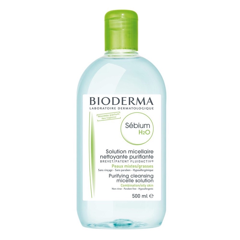 Bioderma Sebium H2O Cleaning Lotion 500 ml. ขวดสีเขียว สำหรับผู้มีผิวผิวผสม-มัน และเป็นสิวง่าย