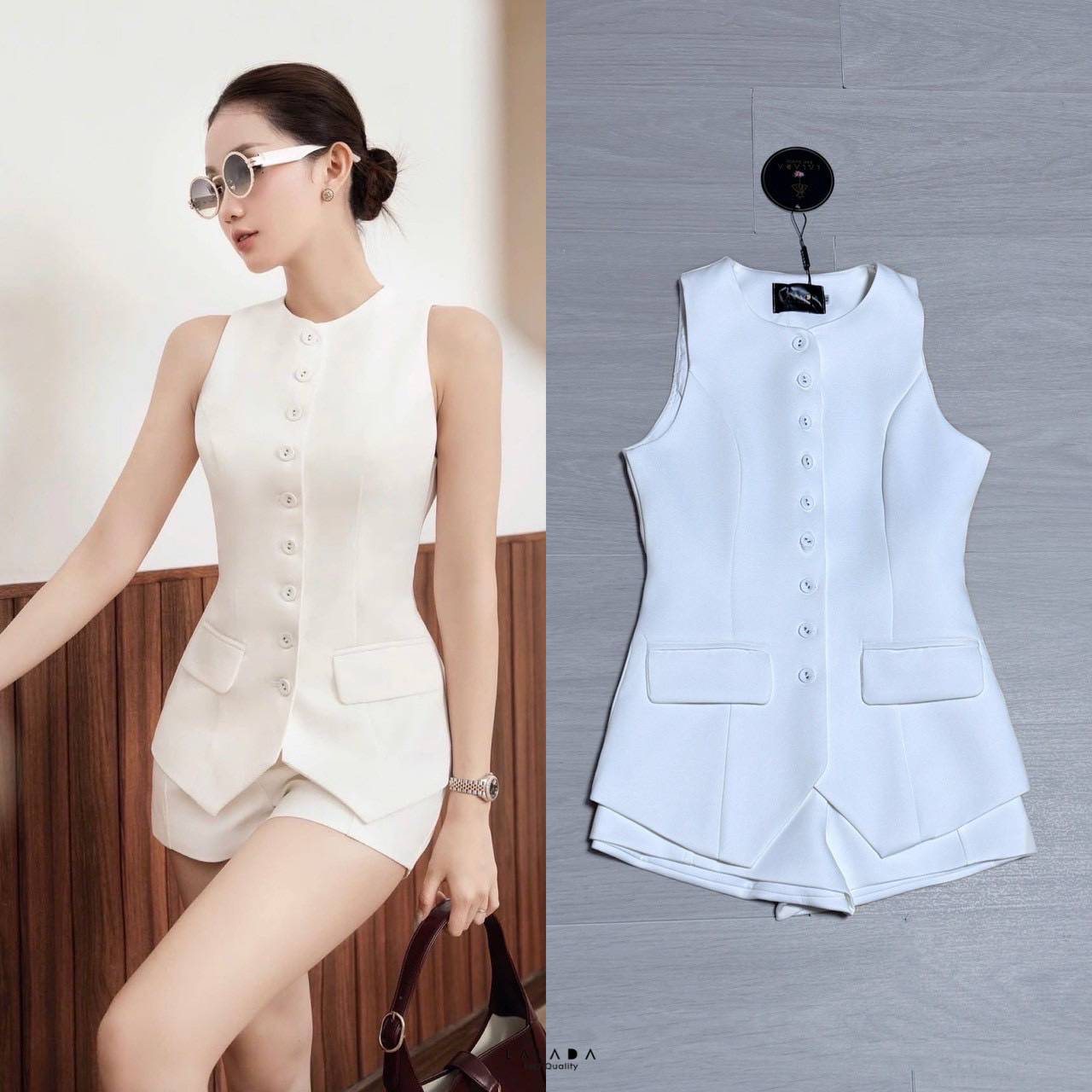 set 2 ชิ้น เสื้อแขนกุดกระดุมหน้าตัดเย็บอย่างดี มีกระเป๋าสองข้างใช้งานได้จริง เนื้อผ้าอย่างดี จับแมทช์กับกางเกงขาสั้น งานซิปหลัง สวยแกลม