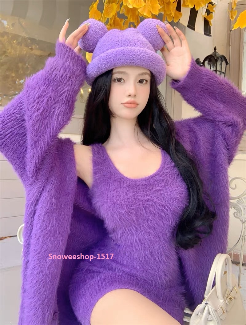 Set dress+sweater ชุดกันหนาวเสื้อคลุมและเดรสแต่งขนมิ้งนุ่มใส่สบาย ชุดกันหนาวสีม่วงและเสื้อสเวตเตอร์ขนมิ้งค์สีม่วง เข้าเซท 2 ชิ้นใส่กันหนาวใส่ถ่ายรูปสวยมากโดนเด่นทรงสลิมเข้ารูปใส่ไปต่างประเทศหรือเที่ยวเหนือ