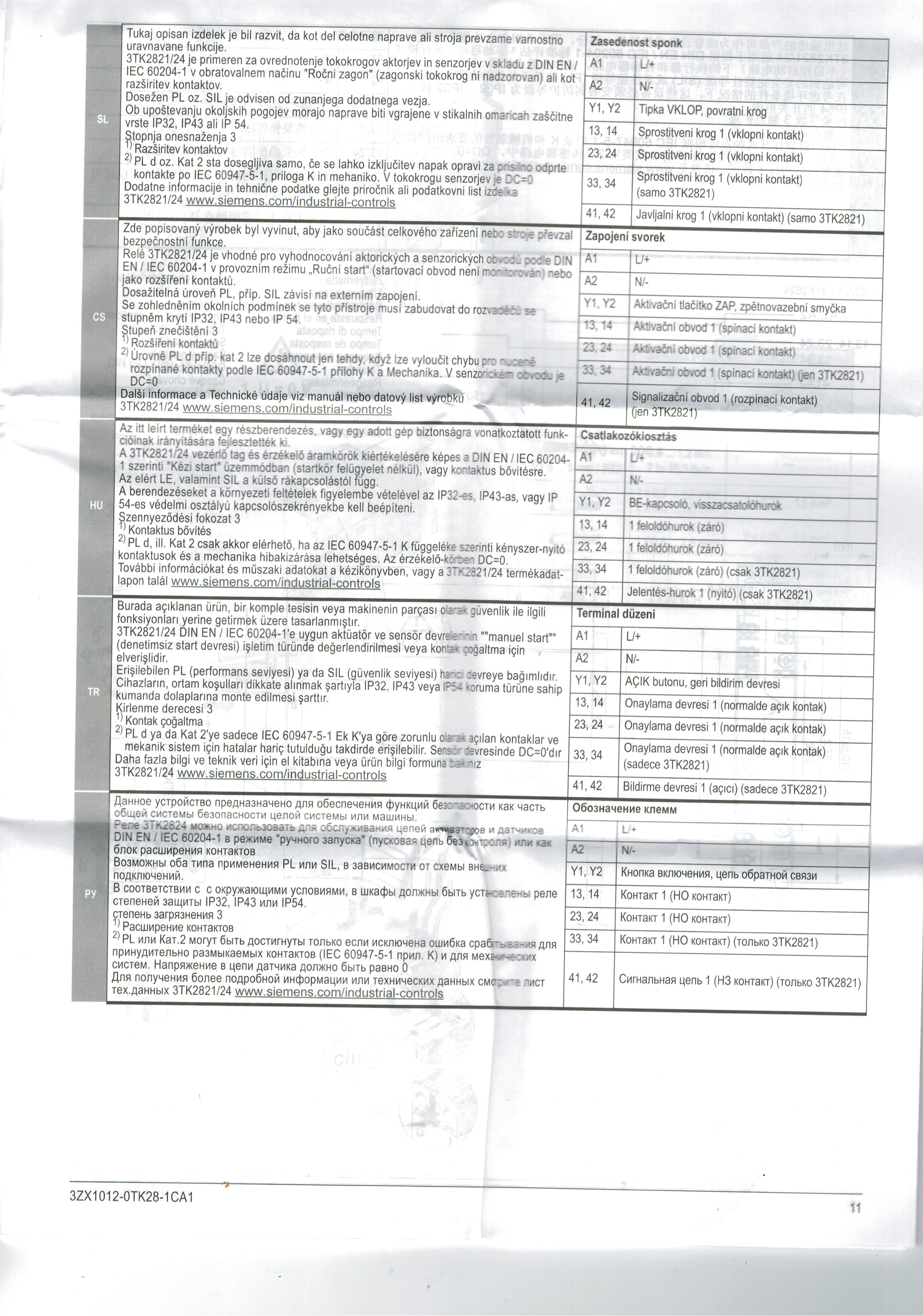 SIEMENS : 3TK2821-1CB30 SIRIUS safety relay with relay enabling circuits (EC) 24 V AC/DC, 22.5 mm Screw terminal EC instantaneous: 3 NO EC delayed: 0 NO SC: 1NC Autostart/manual start Basic device Maximum achieved SIL: 1, PL: c as expansion unit up to max