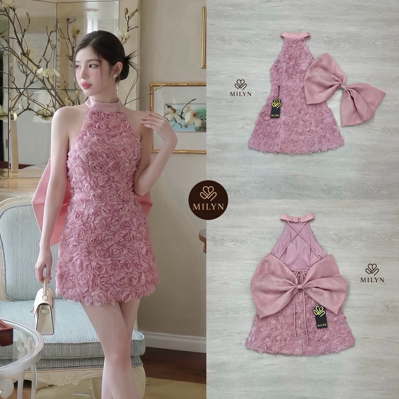 มินิเดรสแต่งดอกกุหลาบทั้งตัว ดีเทลเนื้อผ้าแบบ 3D ทำให้ชุดดูโดดเด่นมากขึ้น คอฮัลเตอร์ช่วยเสริมลุคให้ดูเพรียวและหรูขึ้นไปอีกขั้น ด้านหลังเปิดหลังสวย พร้อมโบว์ใหญ่สุดละมุนเป็นไฮไลต์ของชุด ใส่แล้วน่ารักปนความหวานแบบผู้ดีมากกกก 💙 ตัวเดรสทรงสวย