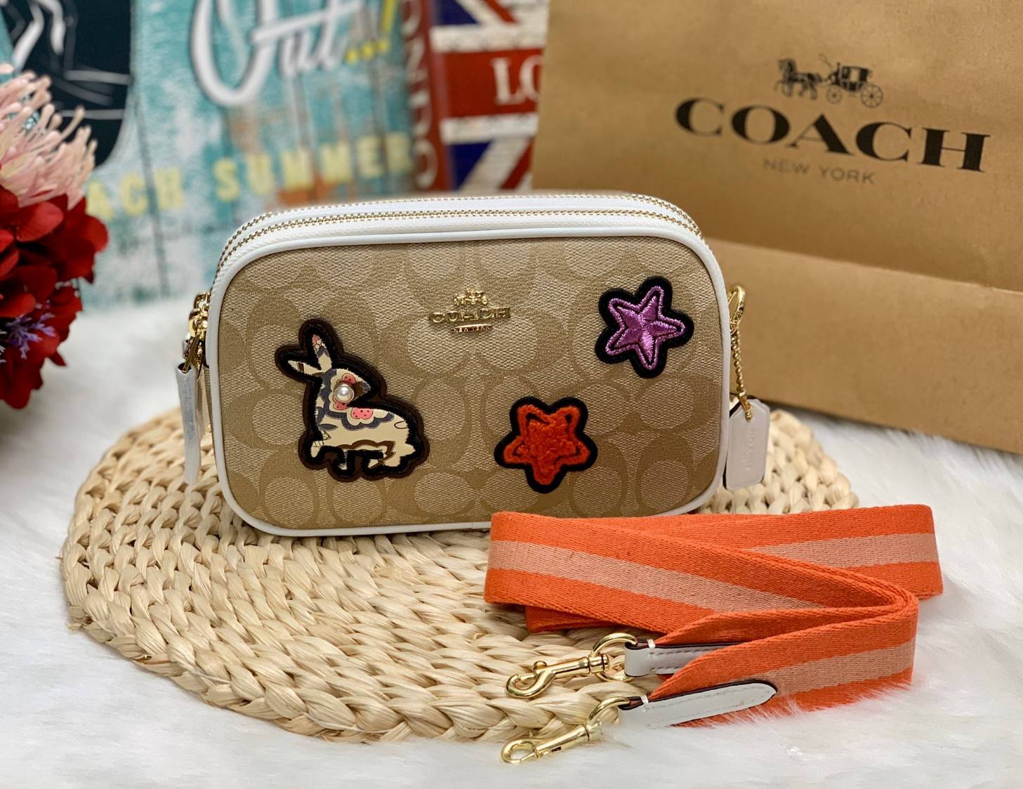 กระเป๋าแบรนด์เนมโค้ชแท้รุ่น 2 ซิป COACH CROSSBODY POUCH IN SIGNATURE BAG F20963-สีน้ำตาลครีมลายC