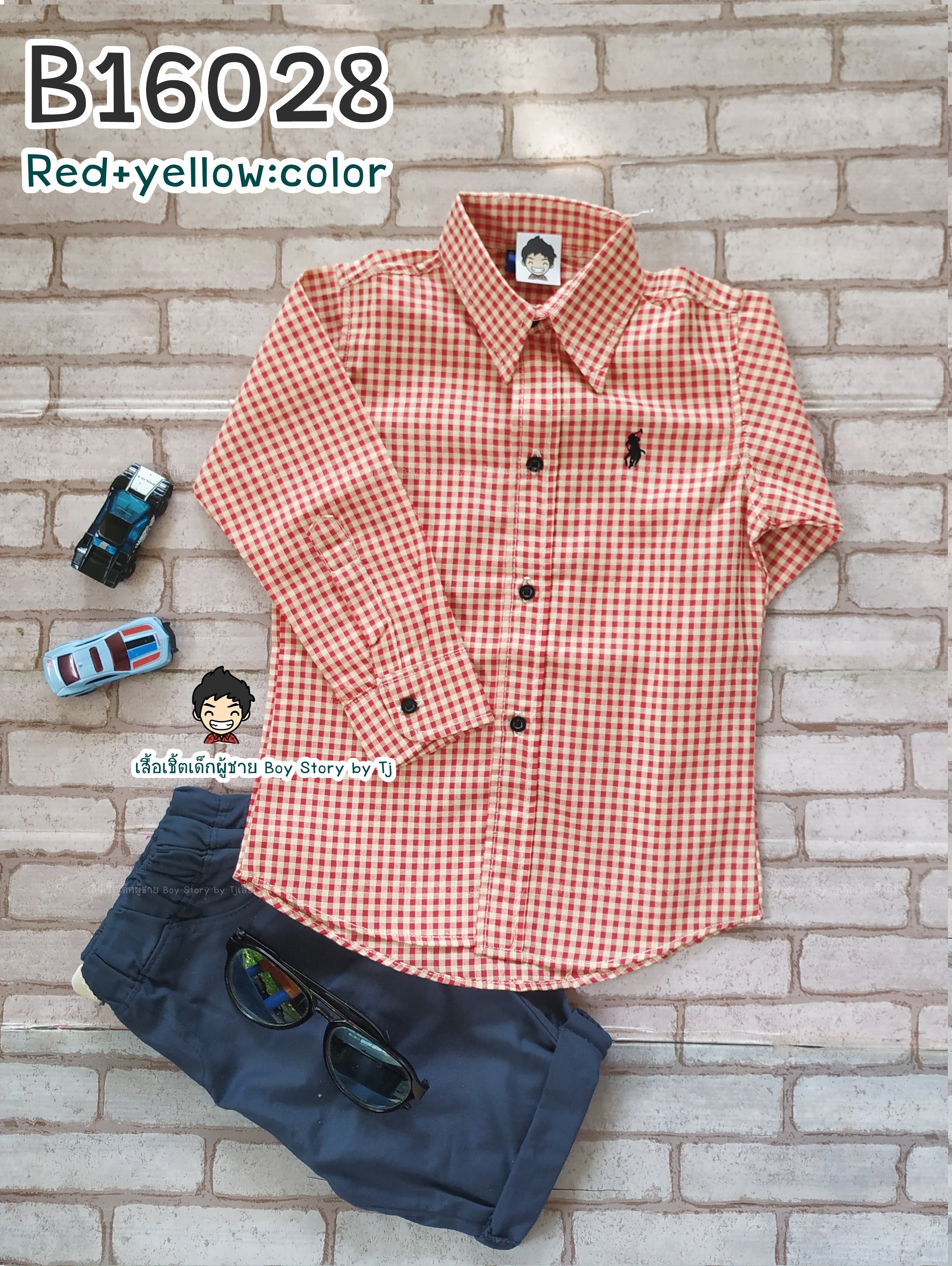ฺB16028 สก็อตแดงเหลือง เสื้อเชิ้ตแขนยาวเด็ก (สำหรับเด็ก8ด.-2ขวบ ไม่เกิน12 kg)