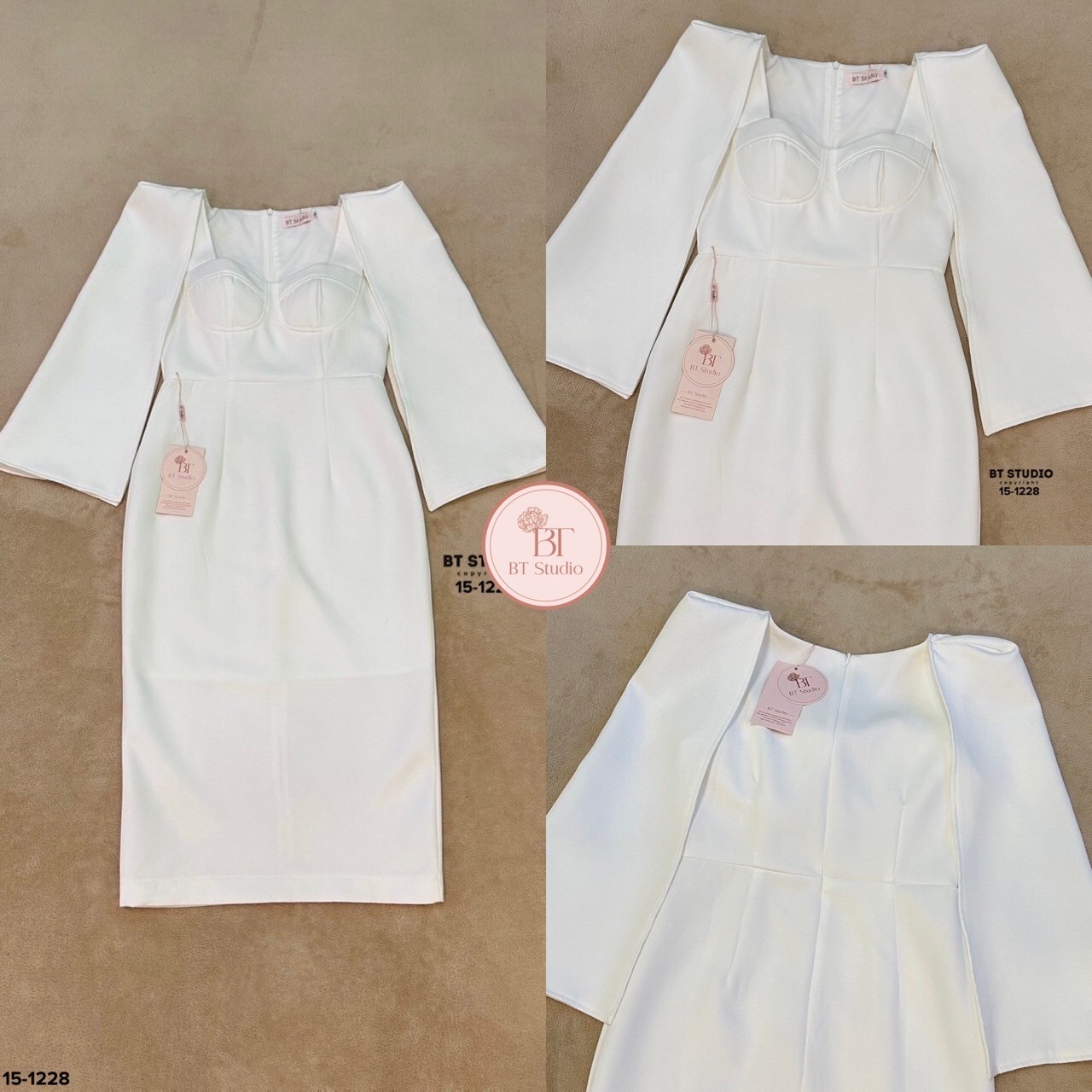 เดรสยาวทรงสอบ ดีเทลความคลุมเข่าดีเทลแต่งผ่าแขนช่วงแขนปิดหัวไหล่ ผ่าปลายชายด้านหลัง งานสวยเนื้อผ้าดี คัตติ๊งสวยมีซับในตัวคะ