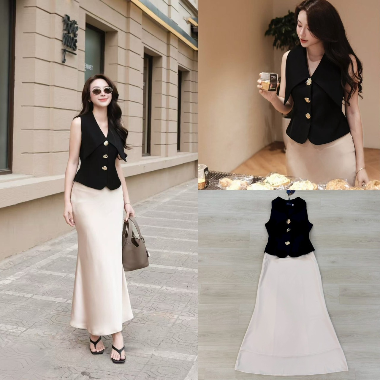 Set 2 ชิ้น เสื้อแขนกุดคอปกสีดำ ดีเทลแต่งอะไหล่ทองด้านหน้า มีกระดุมแป๊กด้านใน อกเสริมฟองน้ำให้ทรงสวย แมทส์กับกระโปรงยาวสีครีมผ้าพริ้วลื่นชาติน มีชับในและซิปข้าง ใส่คู่กันคือสวย ลัคชู สุดๆ บอกเลยลุคนี้ห้ามพลาด