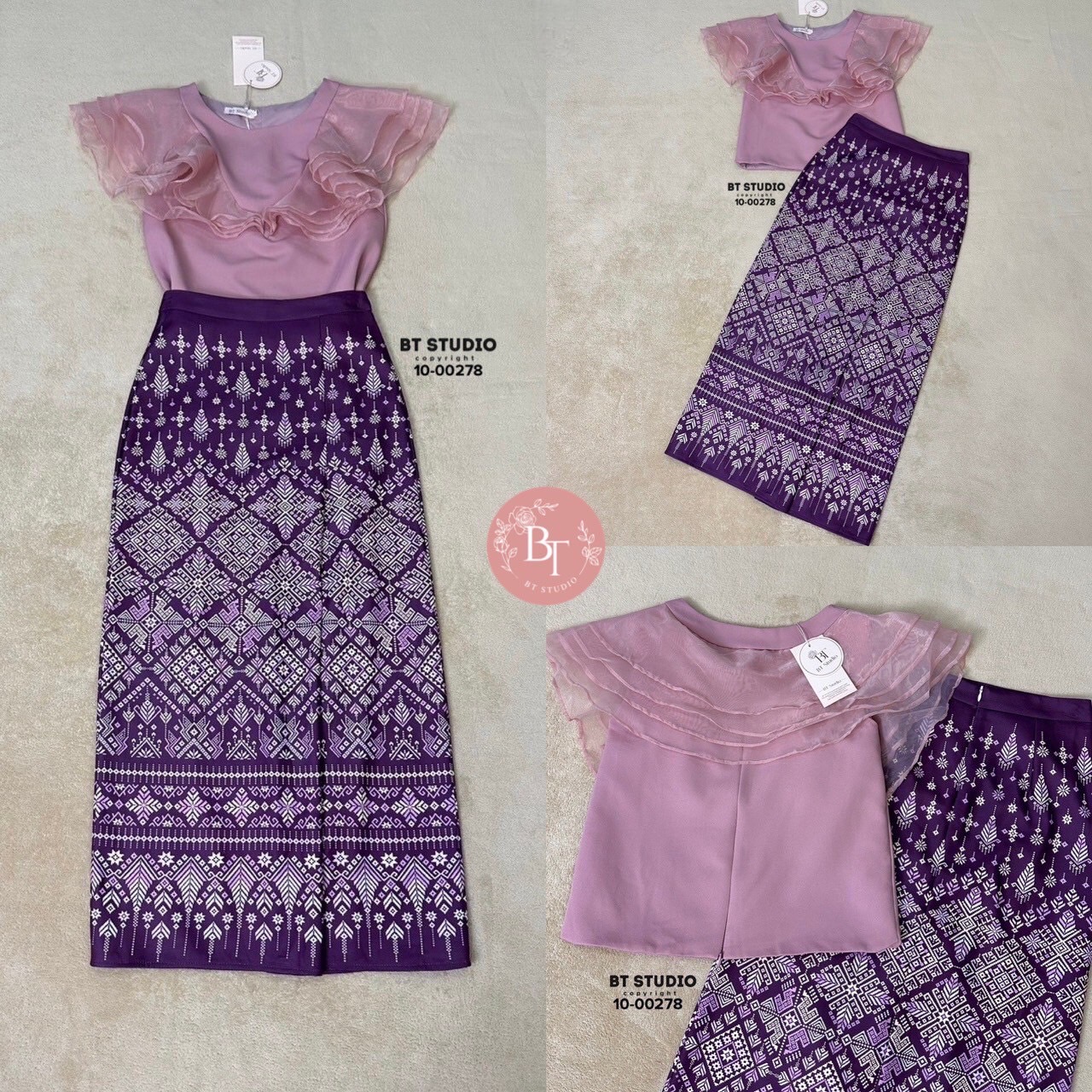 TAG : BT STUDIO DETAIL : เซท 2 ชิ้น เสื้อสีชมพูแขนกุดแต่งระบายช่วงไหล่ไล่ลงมาตรงกลางทั้งด้านหน้าและหลัง ซิปหลังมาพร้อมกระโปรงผ้าถุงประยุกต์พิมพ์ลายสีม่วง งานสวยเนื้อผ้าดีคัตติ๊งสวยมีซับในค่ะ