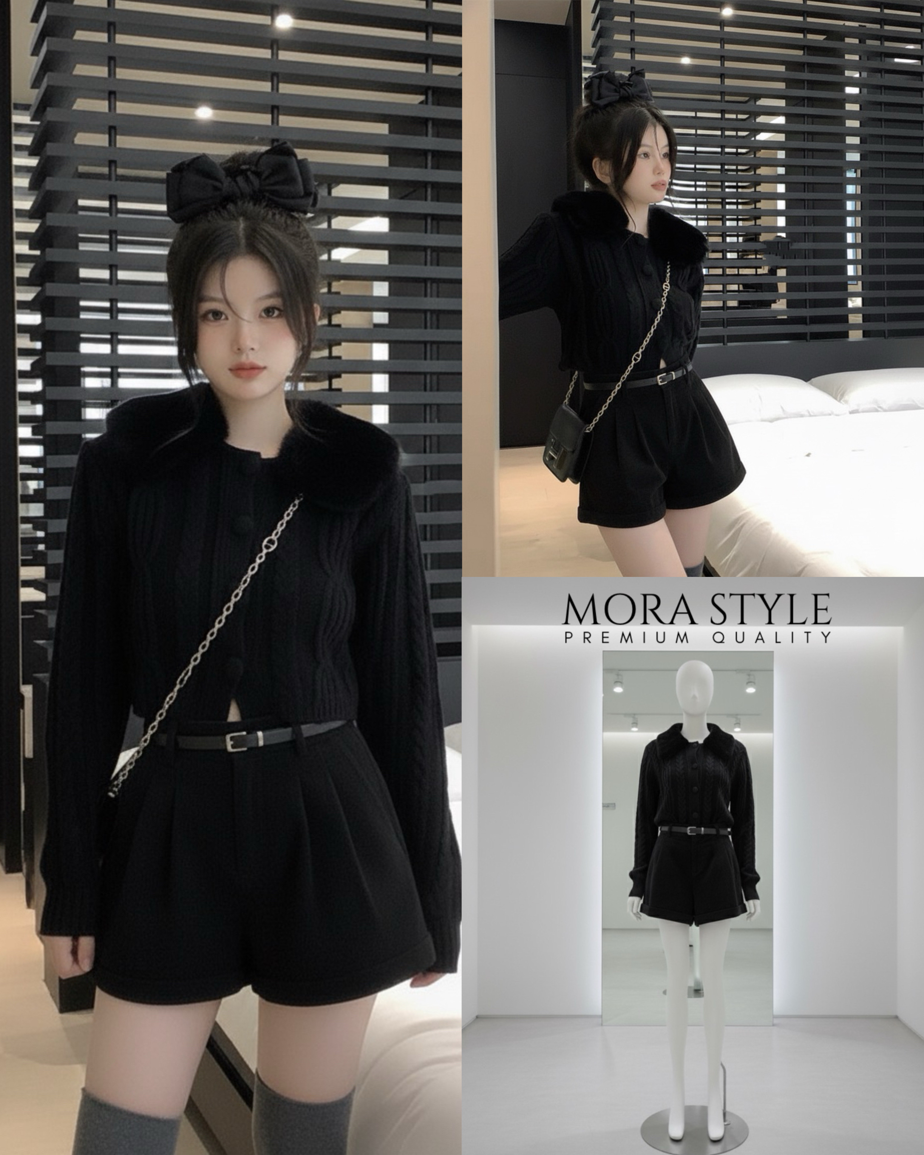 เซ็ต 2 ชิ้น เสื้อคาดิแกนไหมพรมแขนยาวทอลายถัก แต่งเฟอร์ขนที่คอน่ารักมากกกกก ขนเฟอร์ถอดได้ มาพร้อมกับ กางเกงลูกฟูกขาสั้นมีเข็มขัดให้หนึ่งเส้นใส่แมทช์เซ็ตน่ารักมากค่ะ