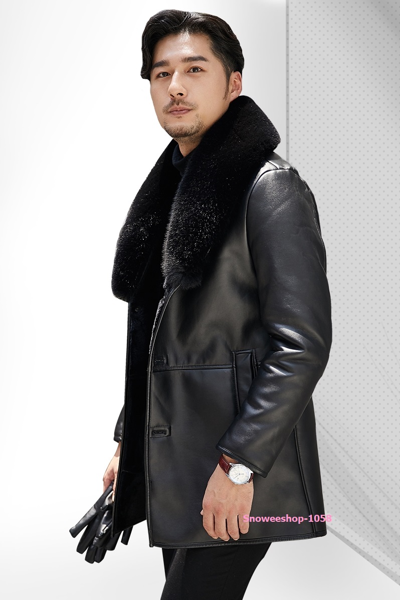 โค้ทกันหนาวผู้ชาย หนัง PU บุในกำมะหยี่หนาปกเฟอร์สีดำถอดแยกได้ อกใหญ่ถึง 52 นิ้ว