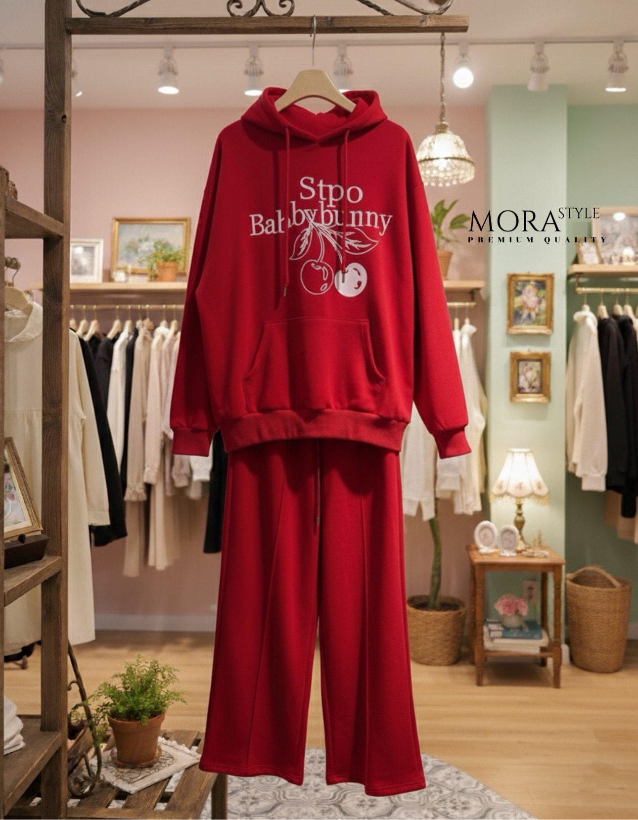 เซ็ท 2 ชิ้น เสื้อแขนยาวมีฮูดหมวกปักแต่งลายเชอรี่ช่วงอก มาพร้อมกับกางเกงขายาวผ้าใส่สบาย ใส่แมตช์ในสไตล์สาวแอร์พอร์ตลุคได้เลยค่ะ เป็นอีกรุ่นที่หนาวนี้ต้องมีนะคะ