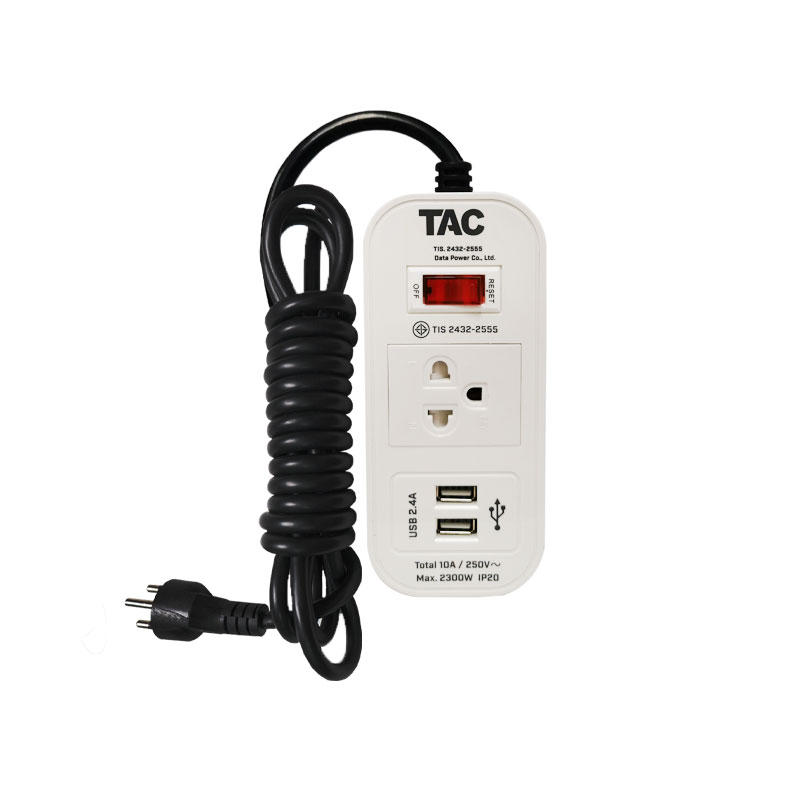 TAC รางปลั๊กไฟ รางปลั๊กพ่วง แบบ 1เต้ารับ ช่องเสียบ 1 สวิทย์ 2 USB 3M SKU-01929