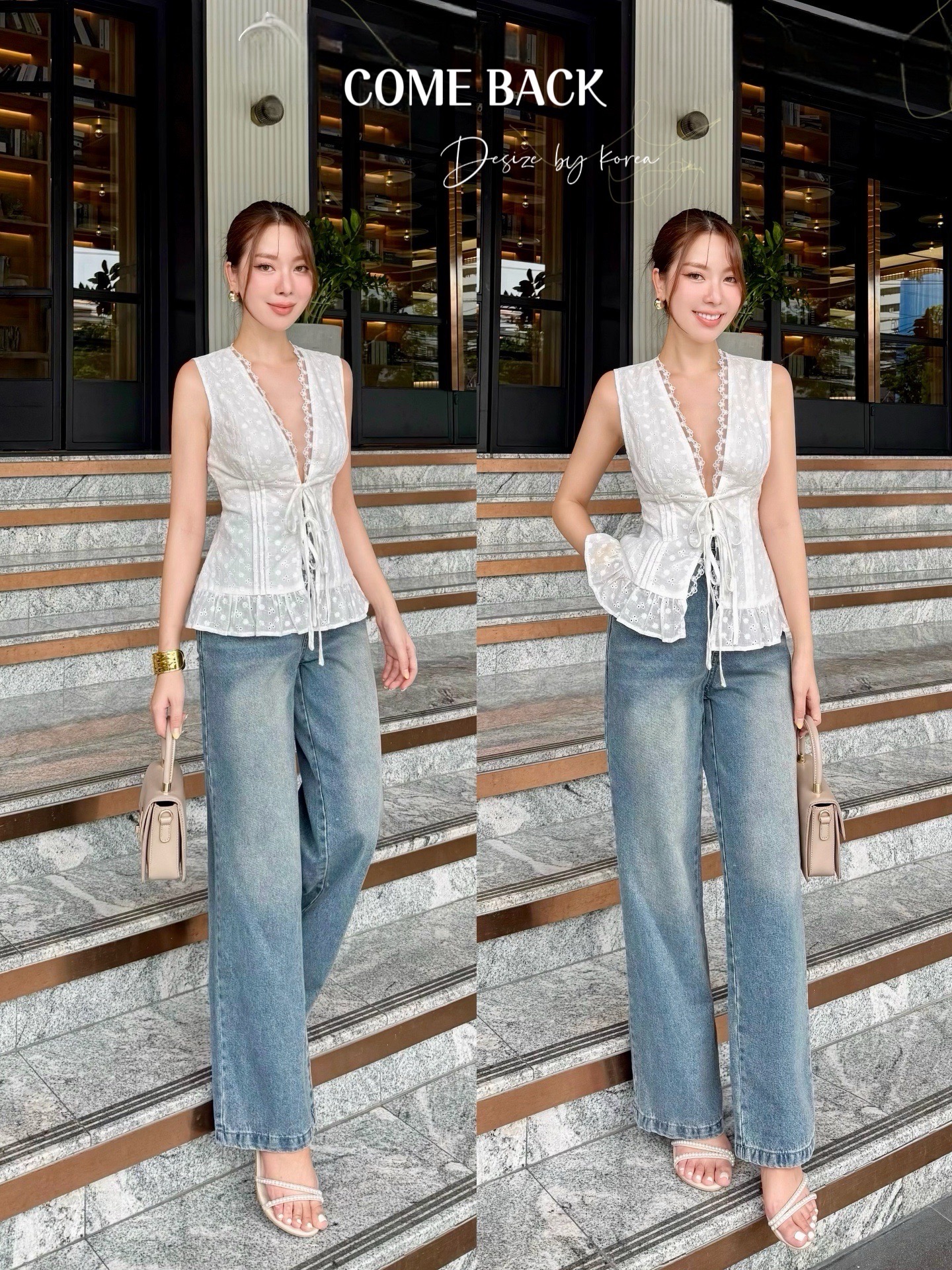 set เสื้อลูกไม้สีขาวน่ารักมั๊กๆ ลูกไม้ คอวีแต่งโบว์ด้านหน้า มาพร้อม กางเกง ยีนส์ เอวสูง ขากระบอก ทรงสวยเก๋ ทันสมัย ใส่ไปคาเฟ่ ใส่ใน everyday คือดูดีมาก ๆถ่ายรูปออกมาคือน่ารักสุดสุดคร้าาา