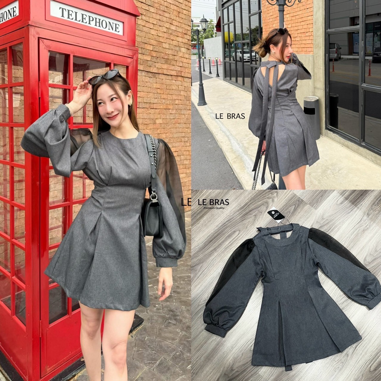 เดรสแขนยาวซ้อนผ้าตาข่ายให้ความน่ารักมีลูกเล่น หลังคอตกแต่งโบว์หางยาว ทรงสวยเข้ารูปช่วงเอวดูเอวคอดแต่ไม่อึดอัด ปลายกระโปรงจับจีบให้ทรงโมเดิร์นตามเทรน ชุดนี้เนื้อผ้าสวยมีน้ำหนักดูหรู