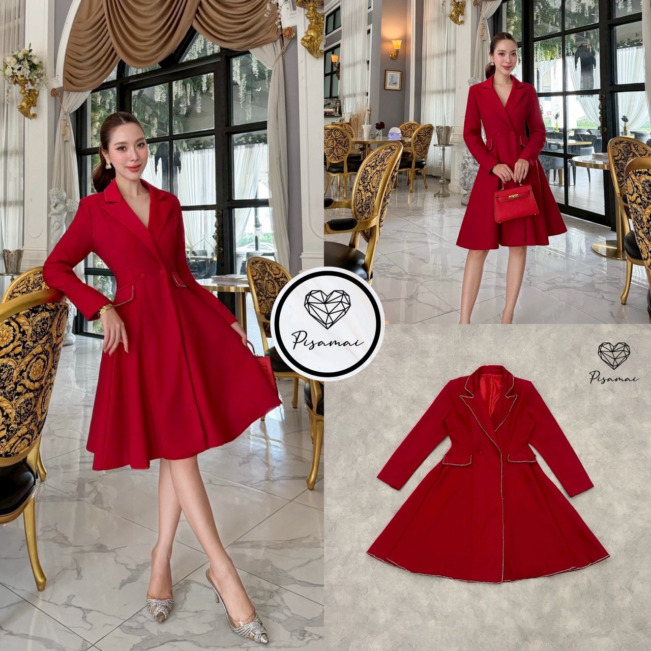 เดรสสูท5ส่วนสีแดงแขนยาว คอปก ช่วงขอบแต่งเพชรวิ๊งๆ ผ้าหนา สวยมากค่า ใส่เฟียสๆ แกรมๆ ได้ไม่ซ้ำใคร ต้องมีเลยค่า