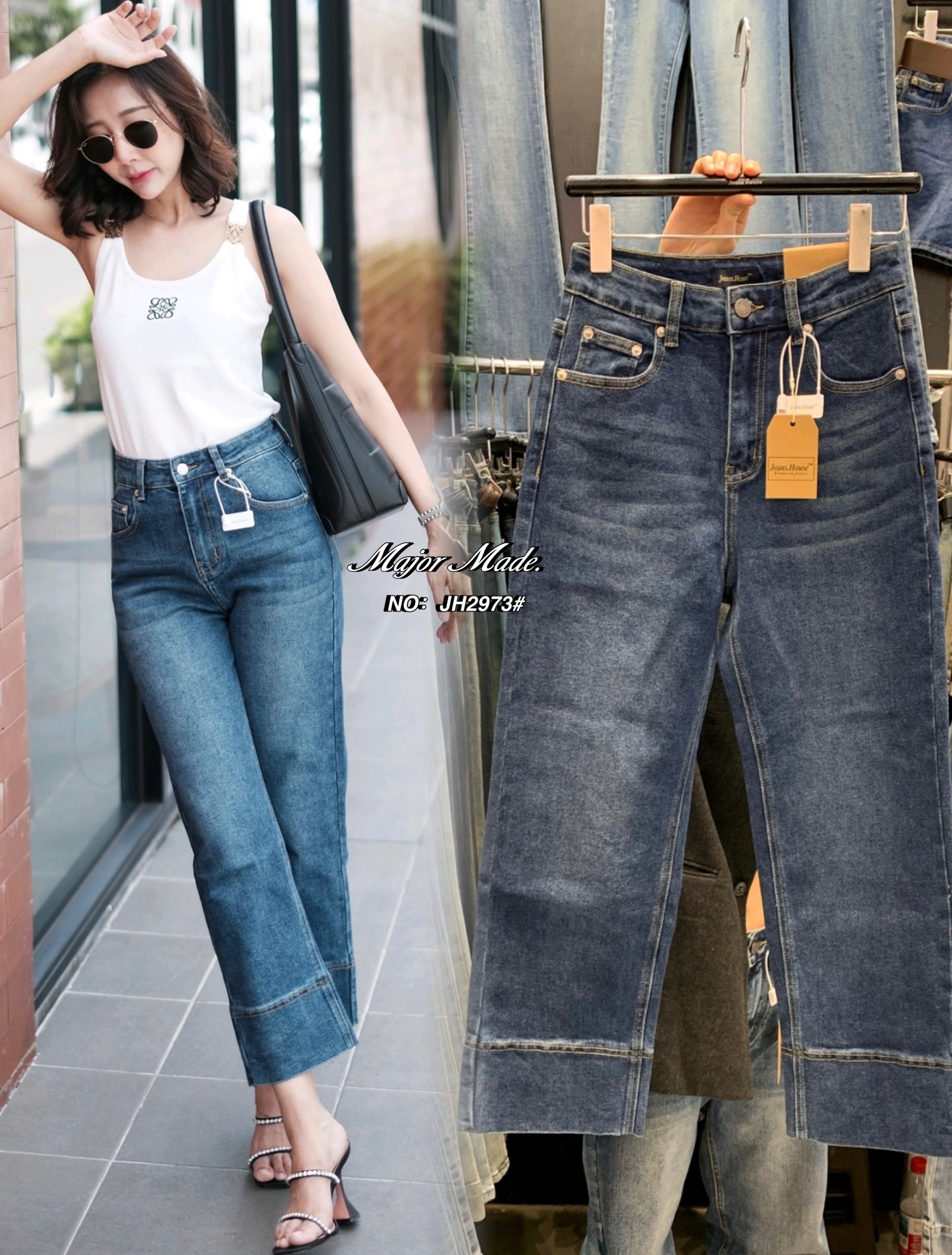 【Major Made.】New No. JH2973# -กางเกงยีนส์ขา8ส่วน ทรงมาใหม่คะ ทรงนี้ปีนี้มาแรงมากค่ะ ทรงเรียบๆ ปลายขาเย็บ ปลายขากว้าง กระเป๋าหลังเก๋มากๆ เอวสูง ใส่ดูเพรียวมาก（ผ้ายืด)