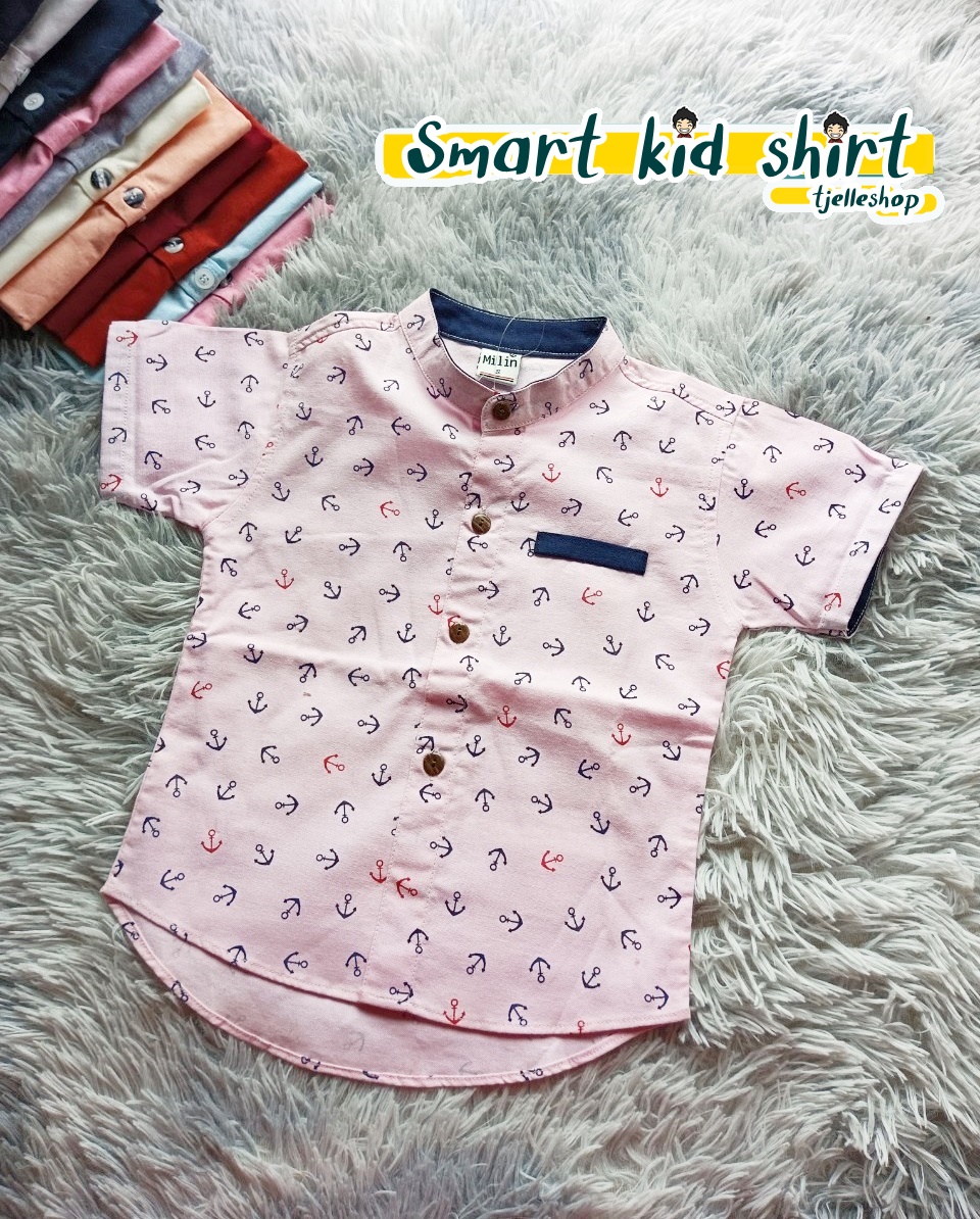 เสื้อเชิ้ตเด็ก แขนสั้น คอจีน สีชมพู