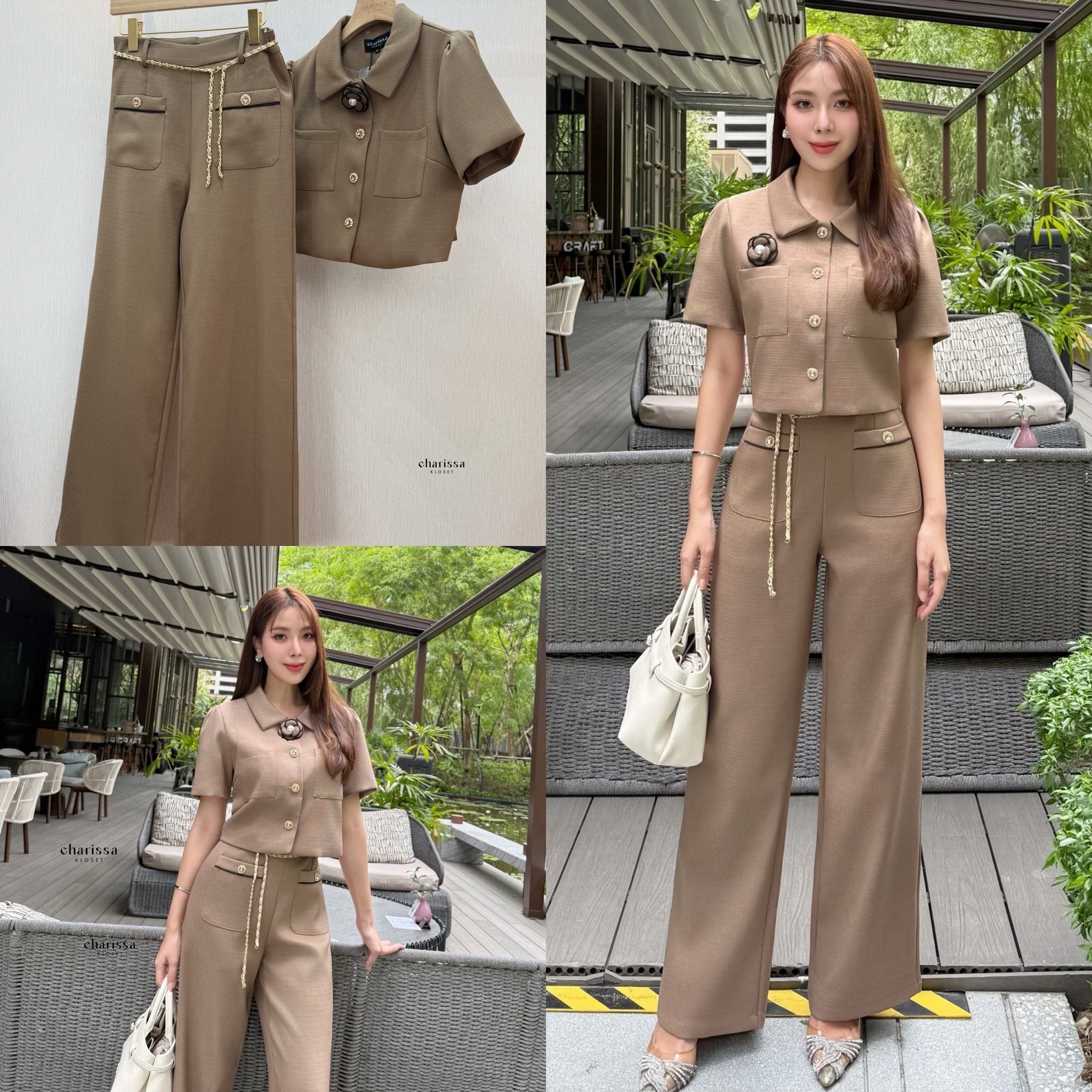 เซ็ท 4 ชิ้น :เสื้อ+กางเกง+โซ่ทอง+เข็มกลัดดอกไม้ #ชุดใส่ทำงาน #ชุดทำงานสวยๆ#ชุดเซ็ทใส่ทำงาน#ชุดเสื้อสีฟ้า #OOTD เซ็ทสีชมพูอ่อน #เดรสสีน้ำตาล