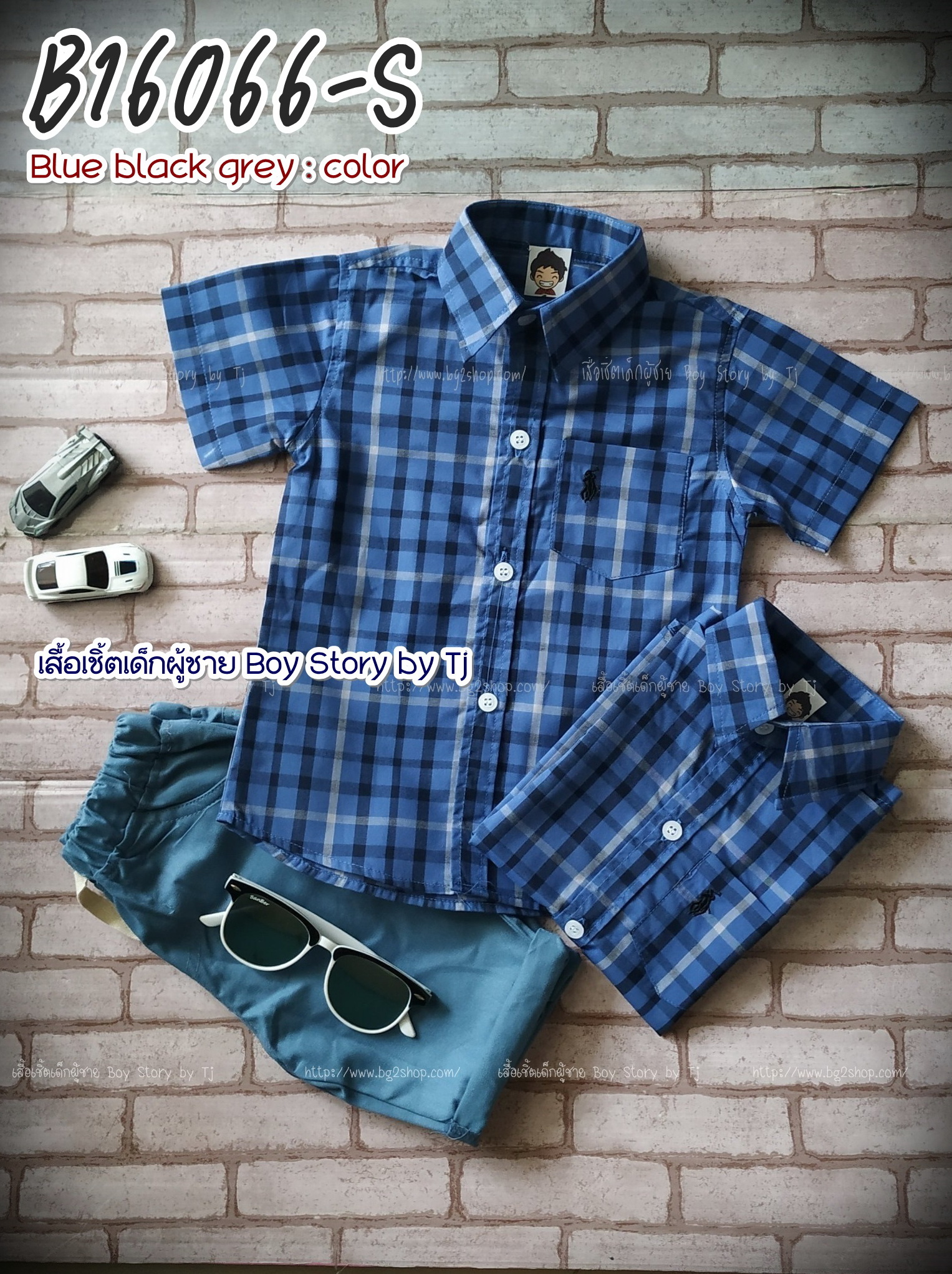 [Sale] B16066-S ลายสก็อตน้ำเงินดำเทา - เสื้อเชิ้ตเด็ก