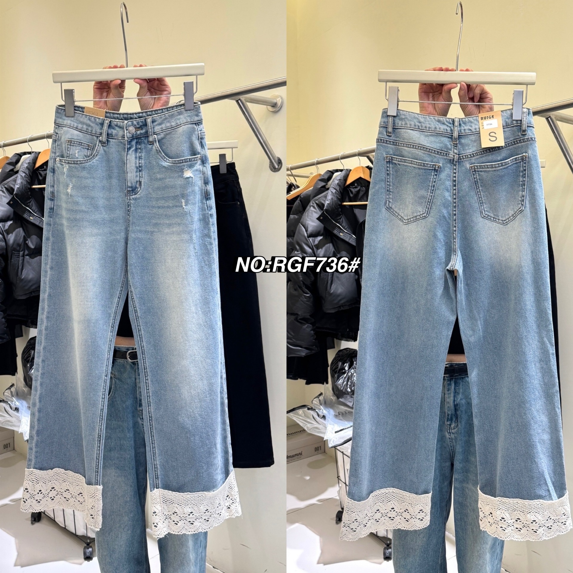 【Major Made.】รอบ3 No.RGF736# -กางเกงยีนส์ทรงกระบอก （ผ้ายืด) ปลายขาตัดต่อผ้า two tone style !!! แต่งลูกไม้สีขาว ใส่น่ารักมากๆค่า สวยฮิตสุดๆ ฟอกสีสวยมาก ใส่ทรงสวย