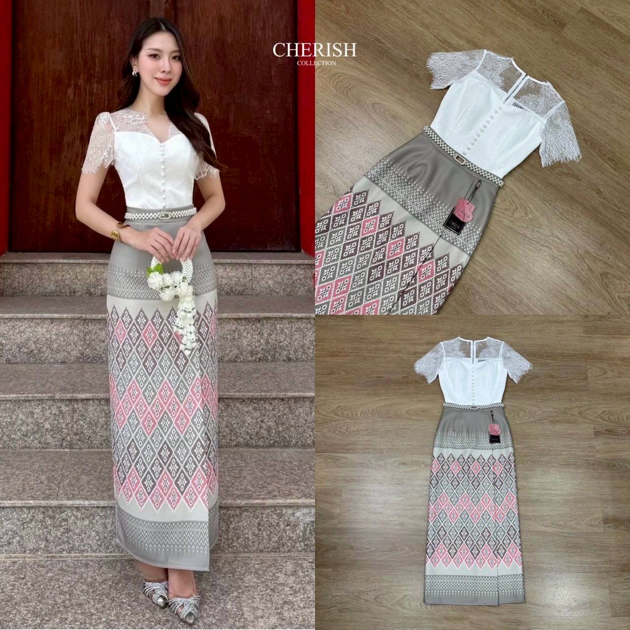 เซ็ทชุดไทย 3 ชิ้น ตัวเสื้อลูกไม้ซีทรูด้านบน พร้อมซับใน เกาะอกด้านในตกแต่งกระดุมพร้อมผ้าถุงสำเร็จพิมพ์ลายไทยสุดเก๋เนื้อผ้าอย่างดี มาพร้อมเข็มขัดมุกสุดหรู จะใส่เข้าพิธีสำคัญ งานบุญ งานมงคลสมรส จะไปงานไหนรับรองเด่นสุดๆเลยค่า💕