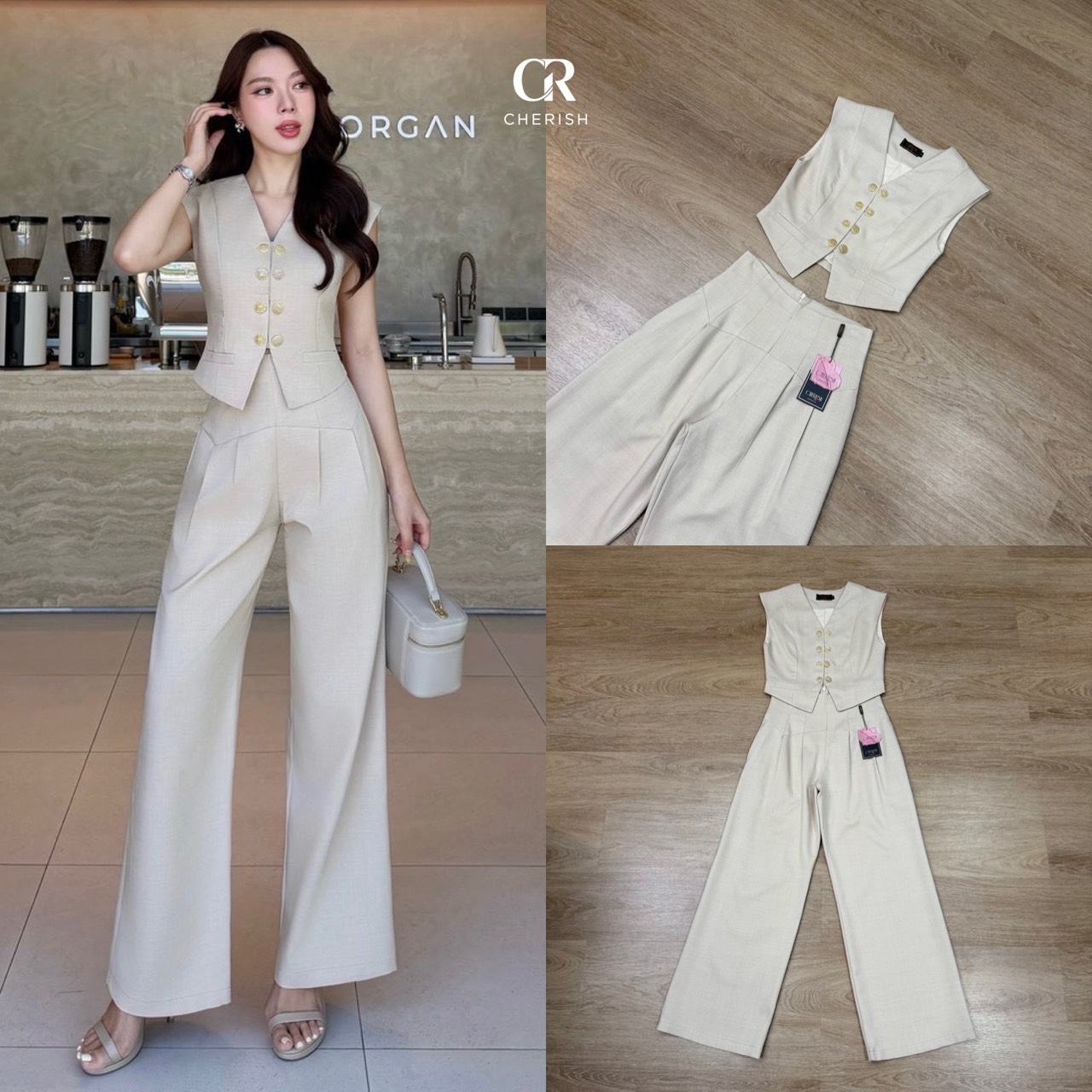 ชุดเซ็ท เสื้อ+กางเกง ตัวเสื้อคอวี แต่งกระดุมสีทองทำให้ดูเก๋มากยิ่งขึ้น มาพร้อมตัวกางเกงเอวสูงขากระบอกใหญ่ใส่สบาย มีกระเป๋า 2 ข้างใช้งานได้จริง ชุดสวยโดดเด่นแบบใหม่ ต้องมีนะคร่า