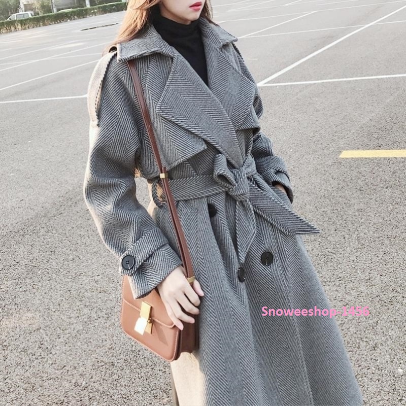 Trench Coats ทรงซาร่าผ้าวูลทอหนาไม่แข็งแต่งกระดุมสองแถวโค้ทกันหนาว กันลม กันหิมะได้มาพร้อมเข็มขัดสีเทาคลาสสิค
