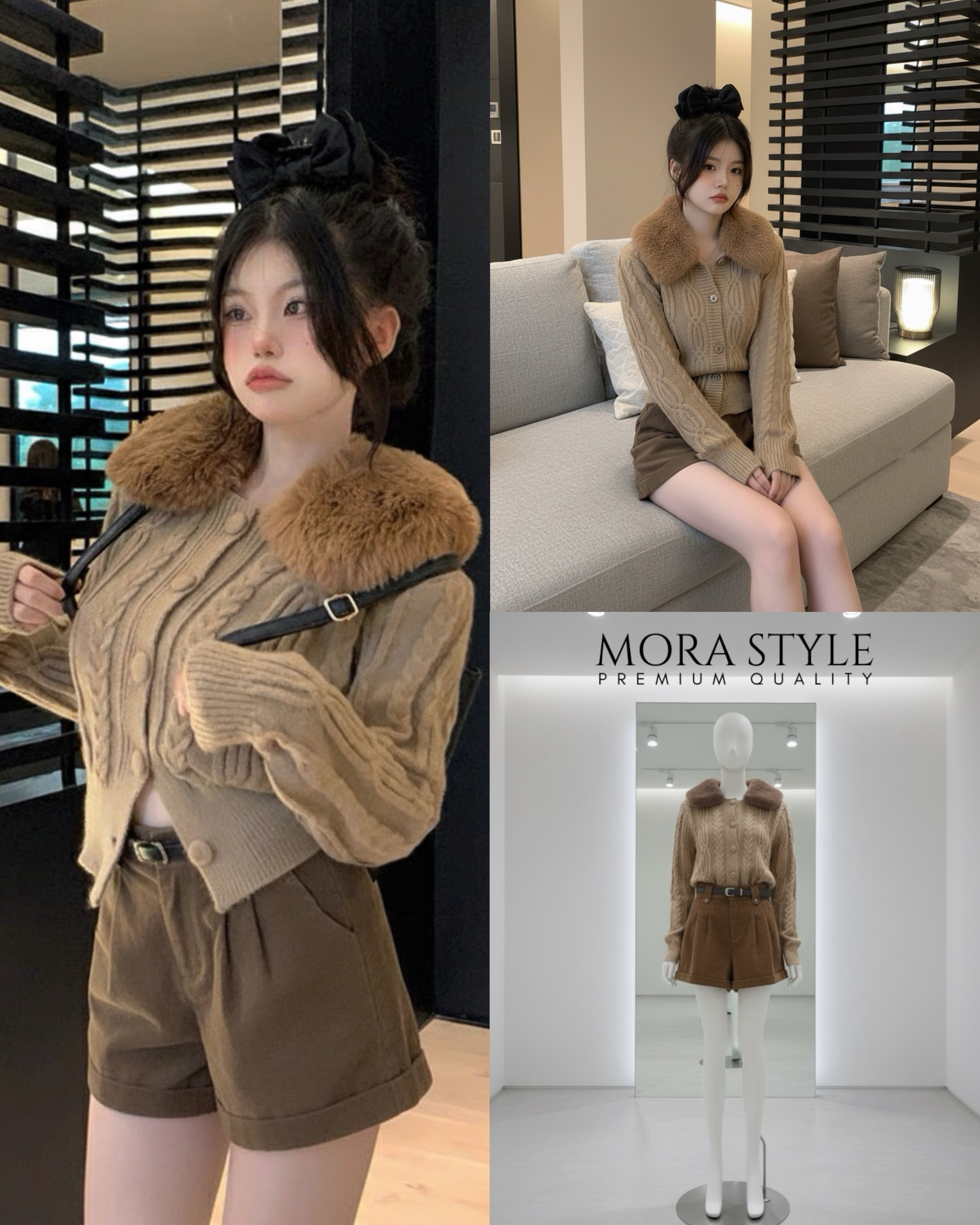 เซ็ต 2 ชิ้น เสื้อคาดิแกนไหมพรมแขนยาวทอลายถัก แต่งเฟอร์ขนที่คอน่ารักมากกกกก ขนเฟอร์ถอดได้ มาพร้อมกับ กางเกงลูกฟูกขาสั้นมีเข็มขัดให้หนึ่งเส้นใส่แมทช์เซ็ตน่ารักมากค่ะ