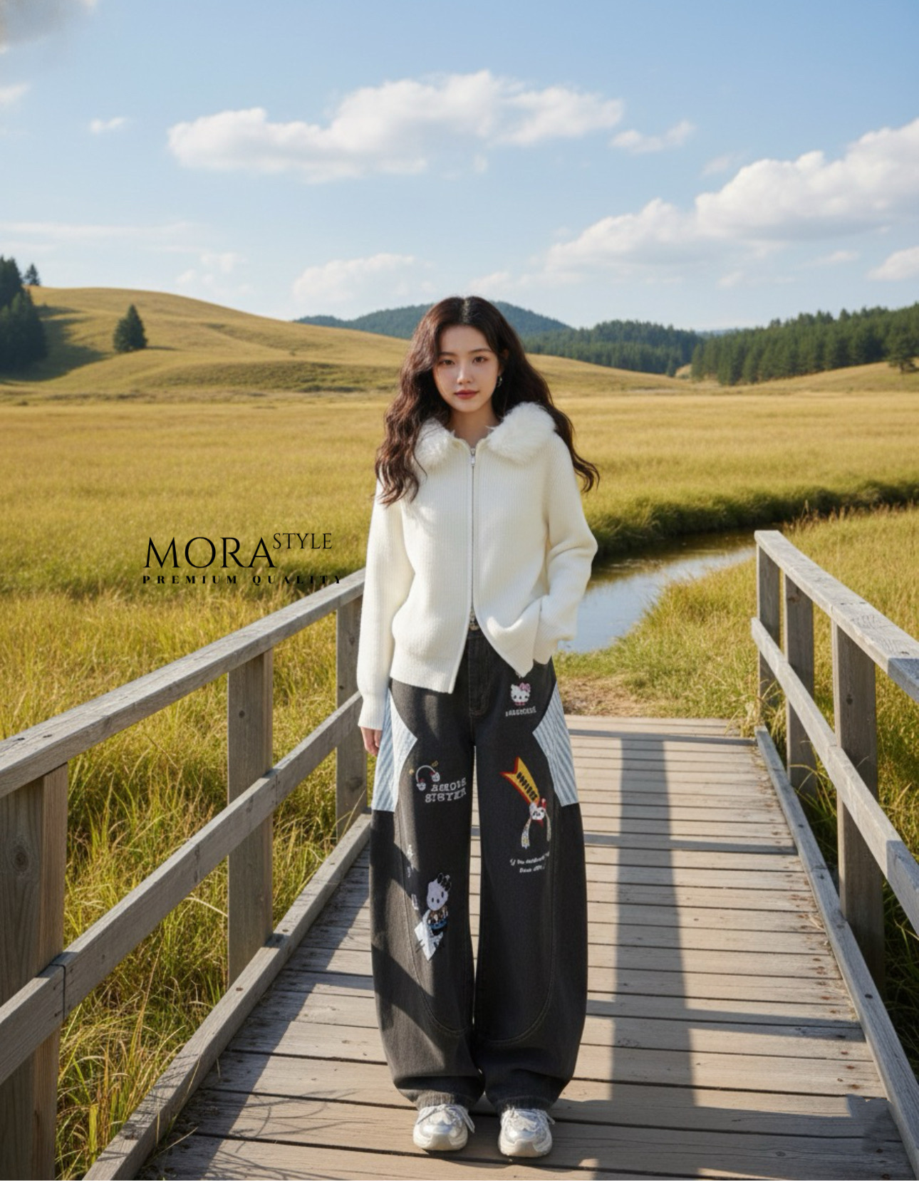 เซ็ท 2 ชิ้น กางเกงยีนส์เอวสูงขากระบอกใหญ่ทรงหลวมมีสม๊อคด้านหลัง ปักน้องการ์ตูนสุดน่ารัก แต่งกระเป๋าลายสก๊อตสีฟ้า มาพร้อมกับเสื้อไหมพรหมแขนยาวแต่งขนเฟอร์ช่วงคอมีซิปรูดด้านหน้าผ้ายืดหยุ่นใส่สบายเป็นอีกหนึ่งคอลเลคชั่นหน้าหนาวนี้ที่ต้องมีติดตู้นะคะ