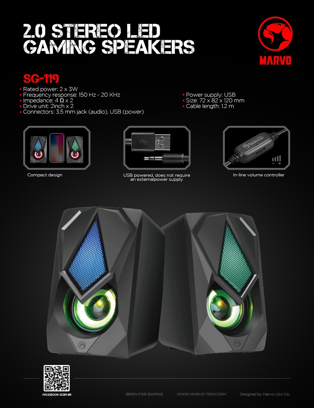 SG-119 MARVO GAMING Speaker 2.0 STEREO LED SKU-01832