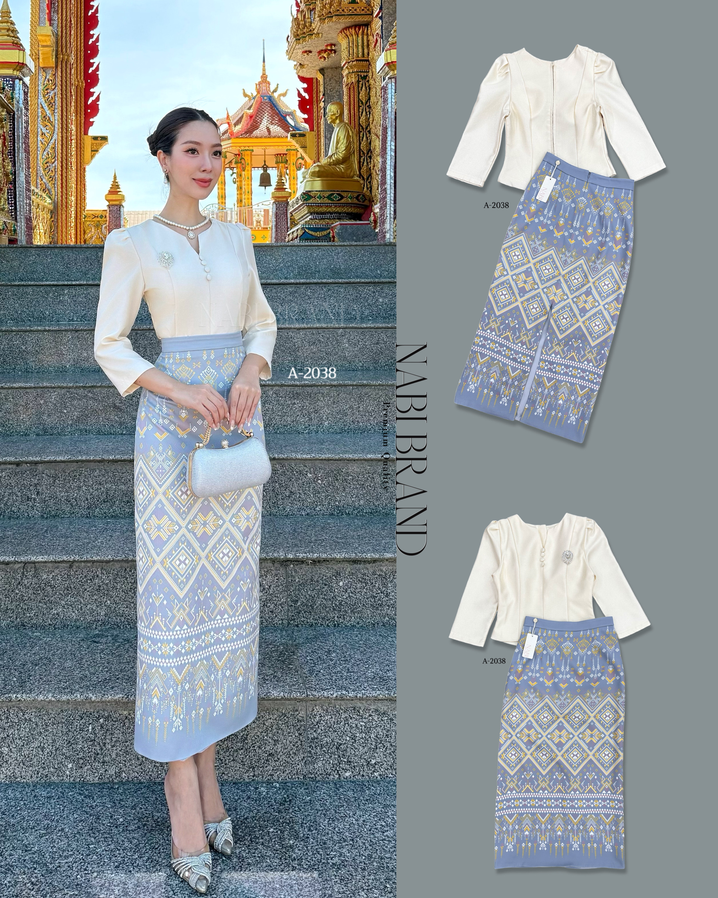 สวยสง่างาม แบบไทย ดูผู้ดี กับเสื้อแขนสั้น 3ส่วน แต่งกระด้านหน้า มีฟองน้ำ ซับในเรียบร้อย งานซิบหลัง มาพร้อมกับเข็มกลัดเพชร ผ้าถุงพิมพ์ลาย ผ้านุ่มนวล ใส่ซับในเรียบร้อย ดีเทลผ่าด้านหลัง งานซิบหลังสวมใส่ง่าย สวยแบบไทยออร่าพุ่ง สามารถใส่ไปวัด งานแต่งได้หมดเลยค